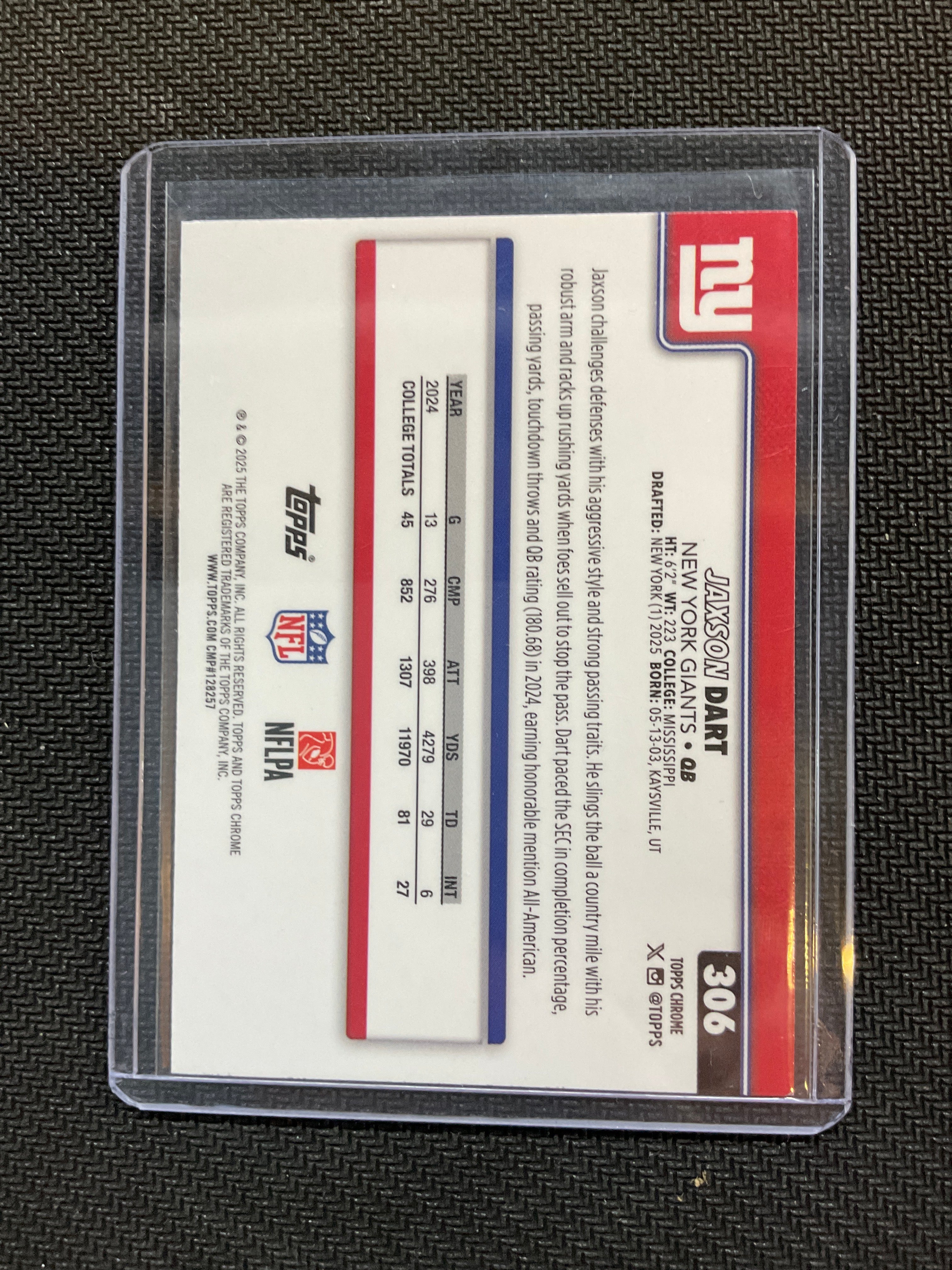 2025 Topps Chrome Jaxson Dart Green Lava Rookie /99 Giants