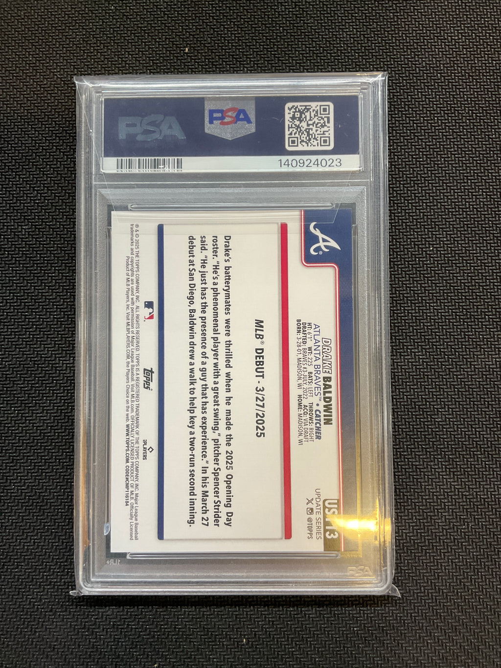 2025 Topps Update Drake Baldwin Rookie Debut PSA 9 Braves