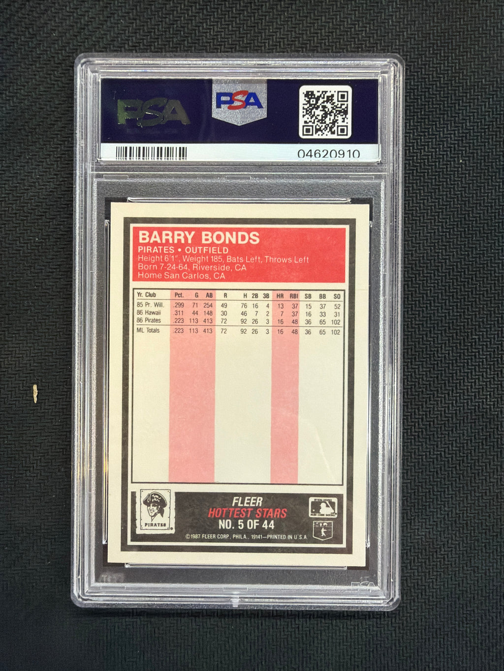 1987 Fleer Barry Bonds Hottest Stars #5 PSA 10 Pirates 910