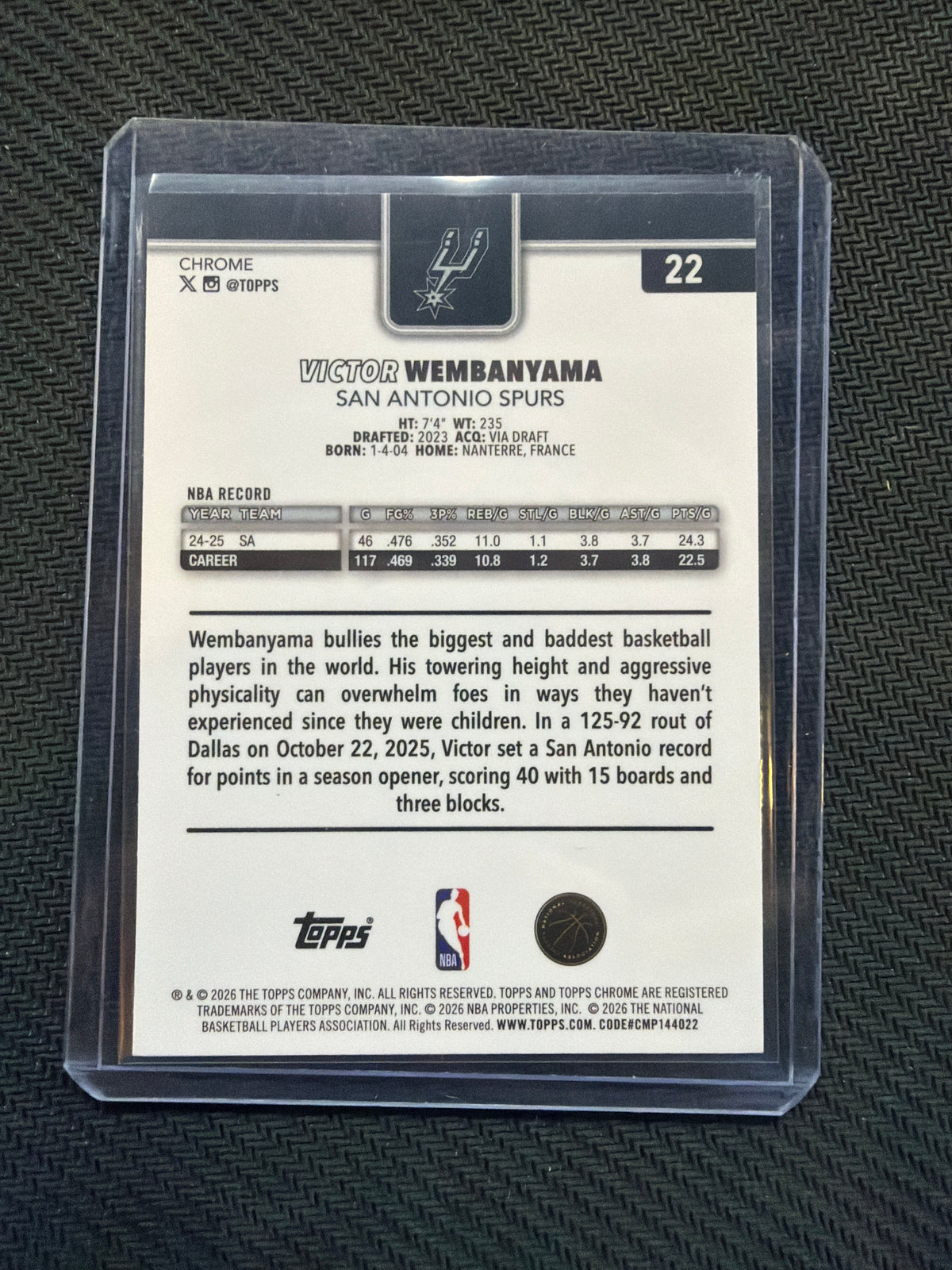 2025-26 Topps Chrome Update Victor Wembanyama Wave #22 Spurs