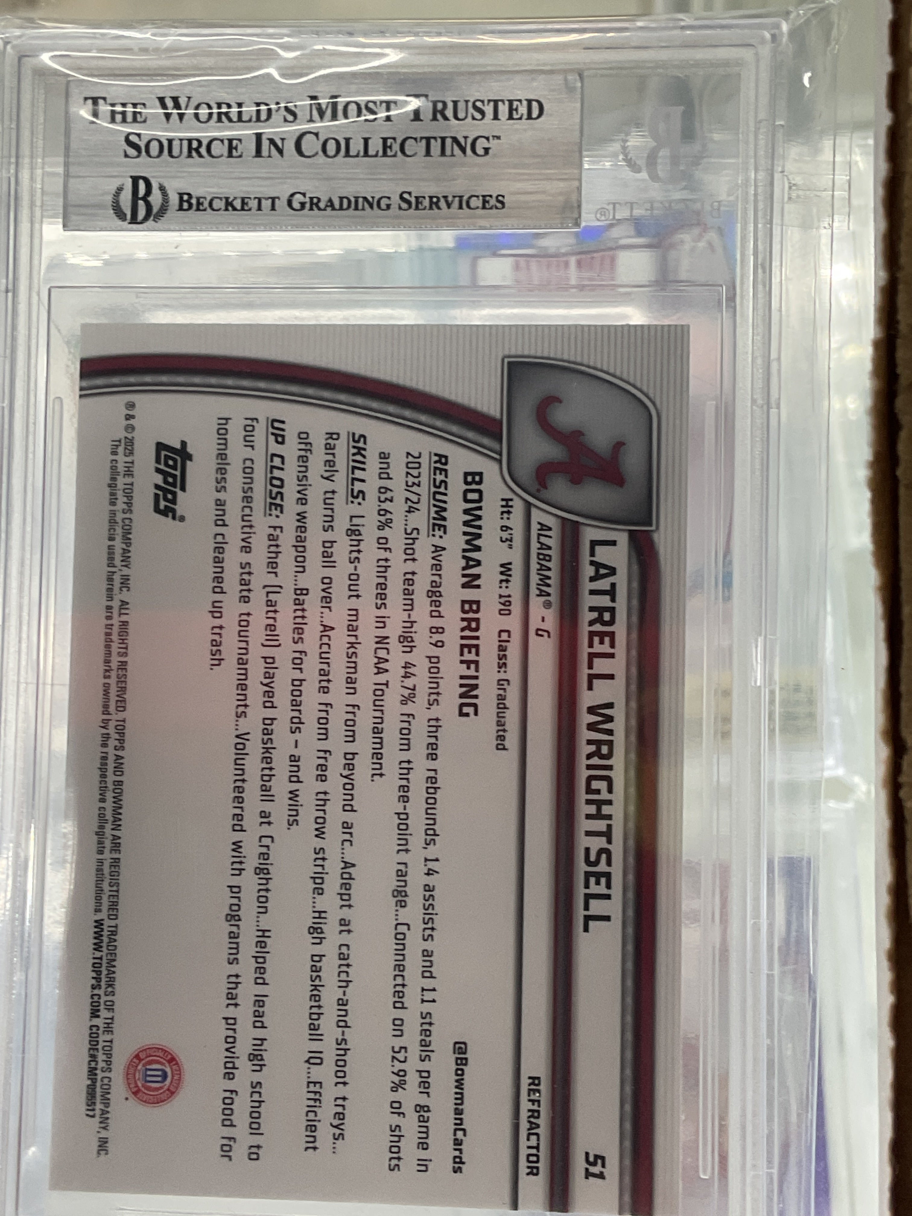 2024-25 Bowman U Chrome Latrell Wrightsell Refractor BGS 9 Alabama