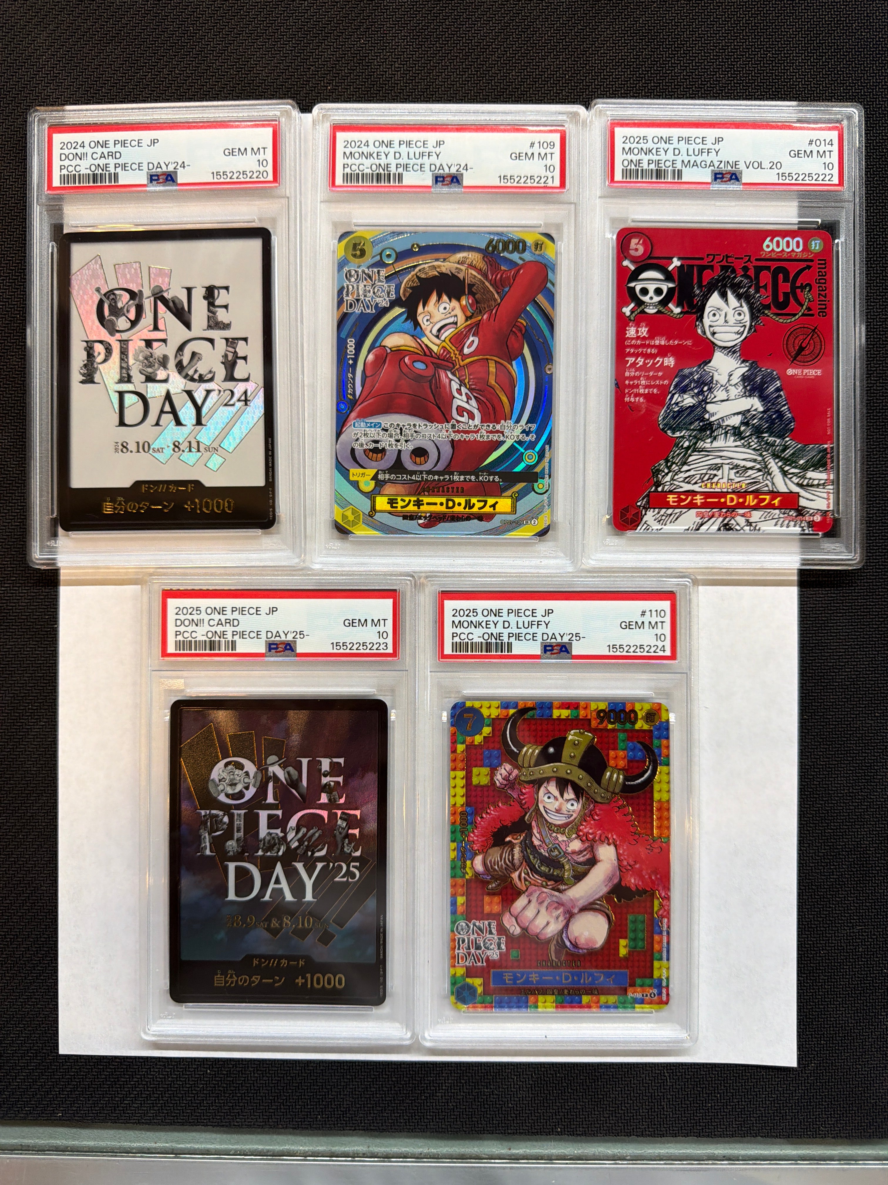 Sequential Set of One Piece Day 2024 & 2025: 2024 DON!! Card PSA 10, 2024 Monkey D Luffy 109 PSA 10, 2025 Monkey D Luffy Magazine Vol 20 PSA 10, 2025 DON!! Card PSA 10, 2025 Monkey D Luffy 110 PSA 10