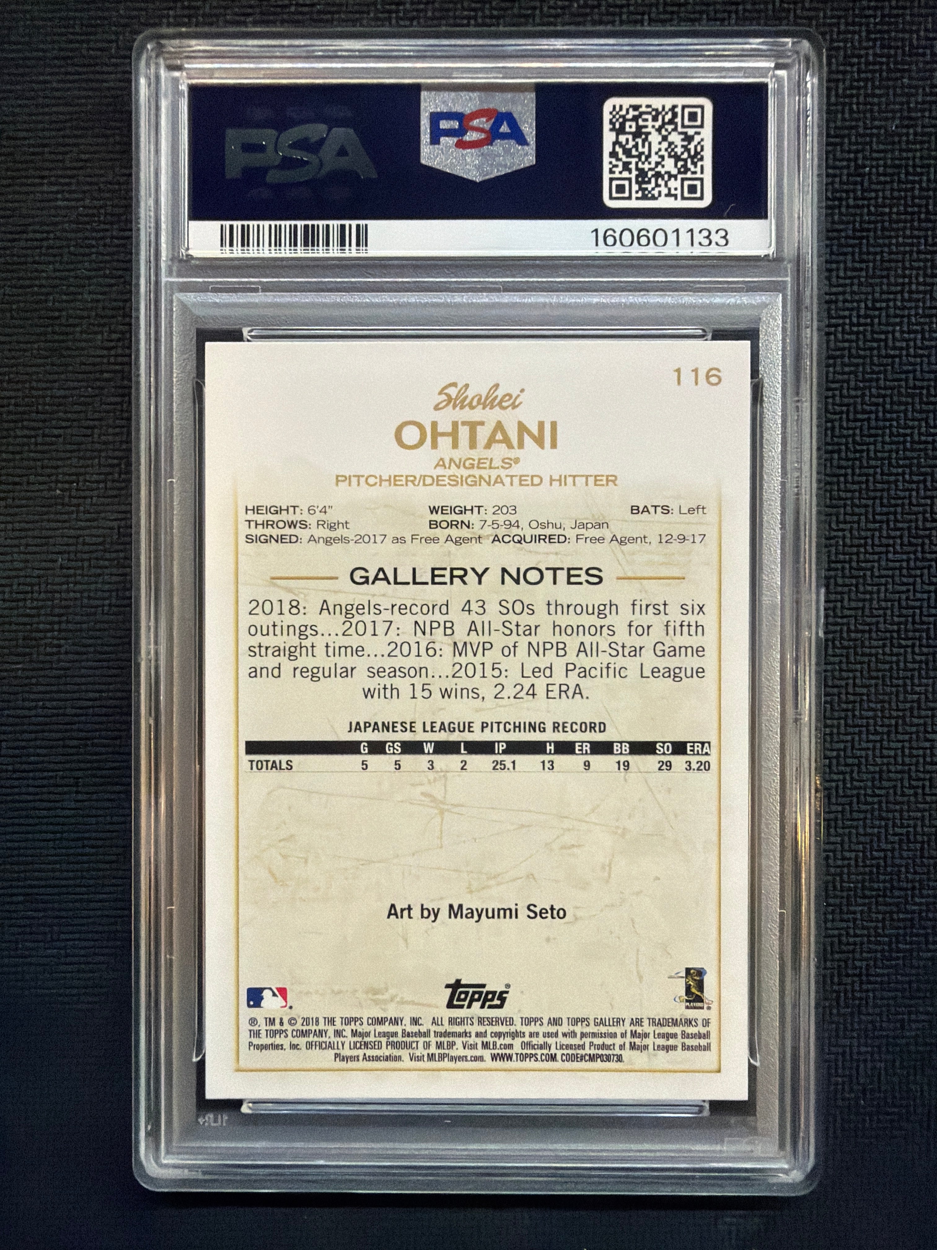 2018 Topps Gallery Shohei Ohtani #116 Rookie PSA 10 Angels