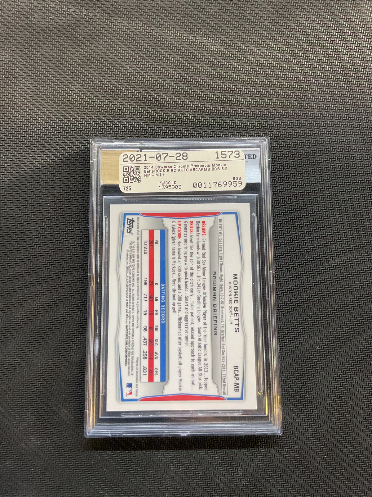2014 Bowman Chrome Mookie Betts 1st Bowman Auto BGS 8.5 Auto 10 Red Sox