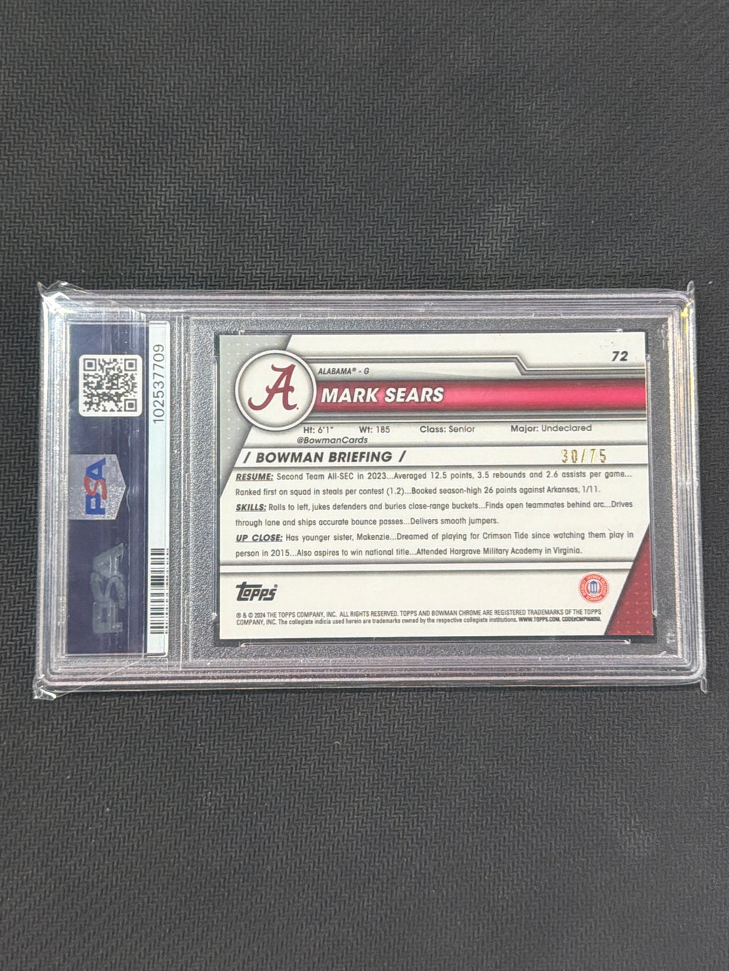2023 Bowman U Chrome Mark Sears Yellow /75 PSA 9 Alabama