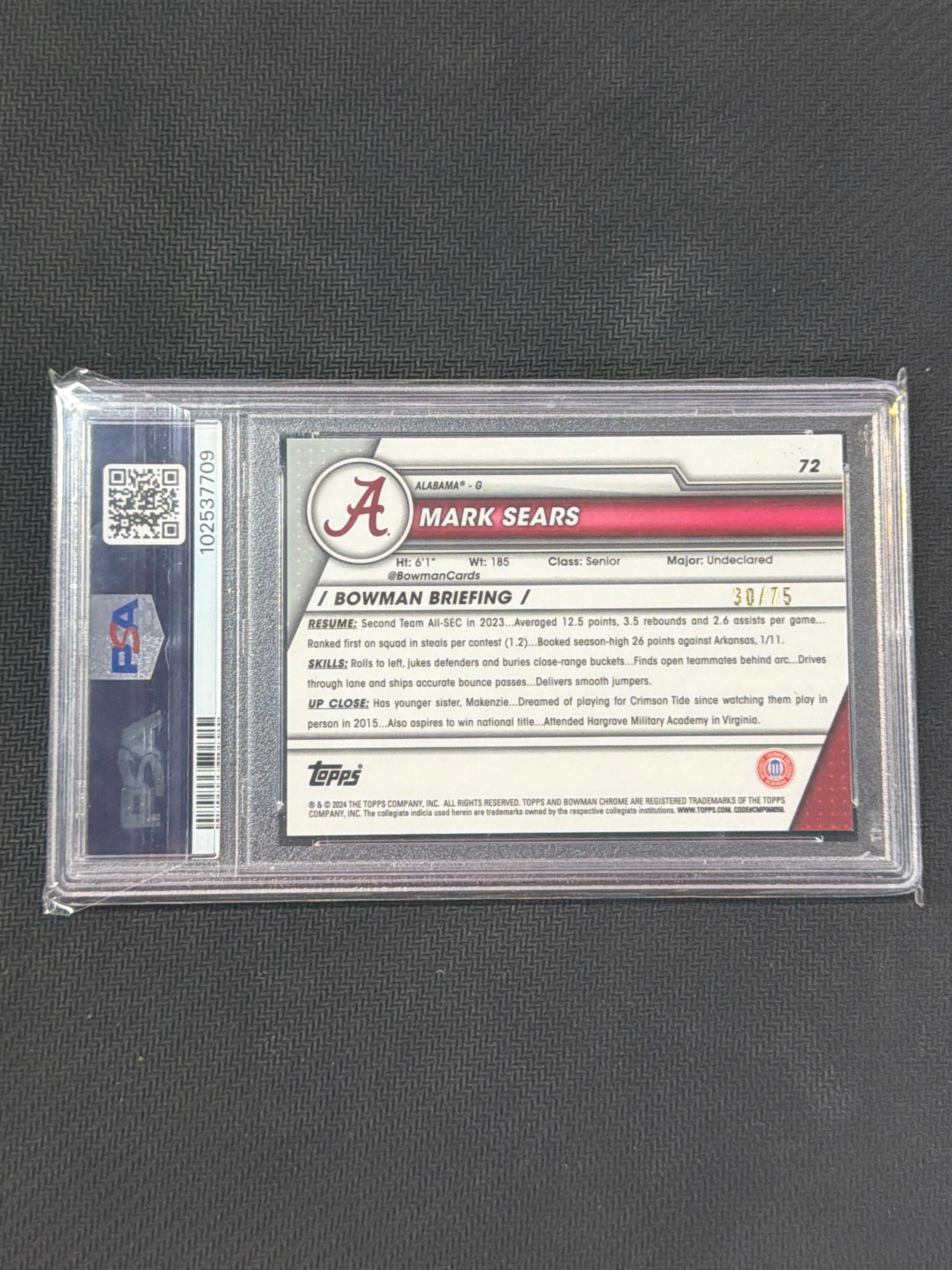 2023 Bowman U Chrome Mark Sears Yellow /75 PSA 9 Alabama