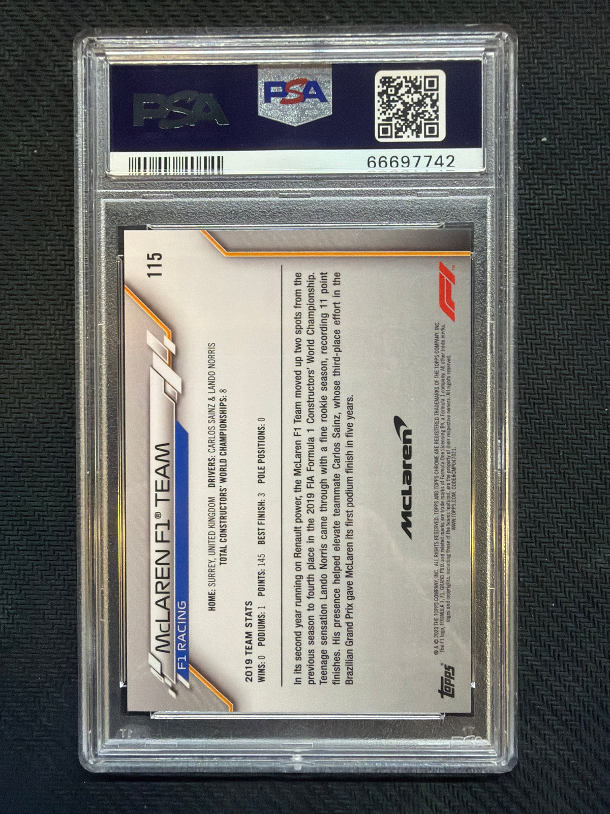 2020 Topps Chrome F1 Sapphire McLaren Logo PSA 10 742