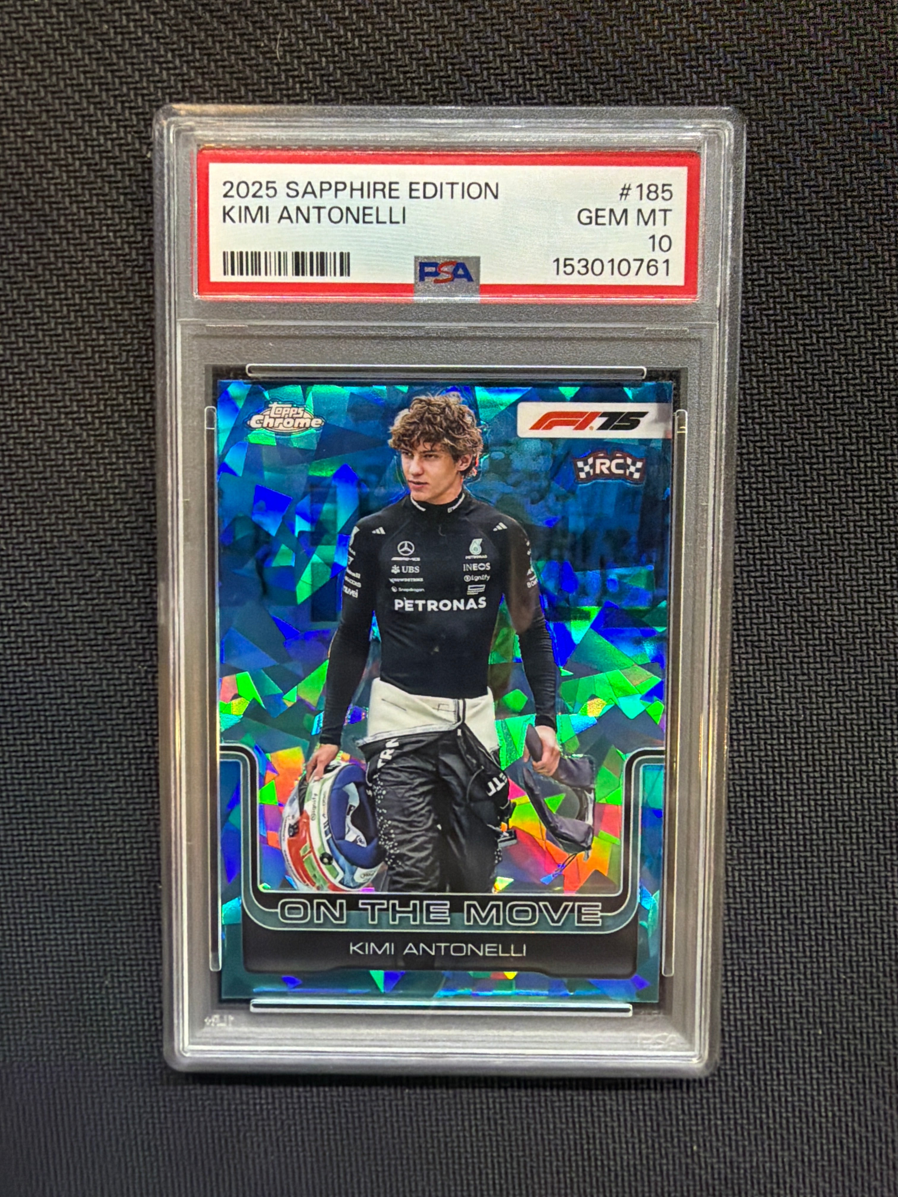 2025 Topps Chrome F1 Sapphire Kimi Antonelli Rookie On The Move PSA 10