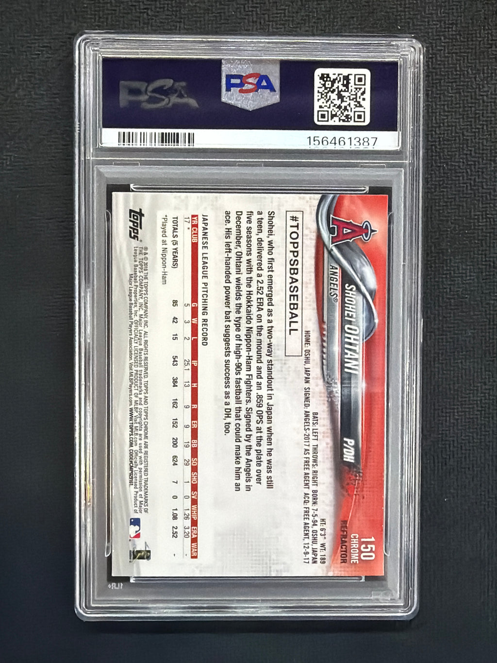 2018 Topps Chrome Shohei Ohtani #150 Pitching Refractor Rookie PSA 9 387