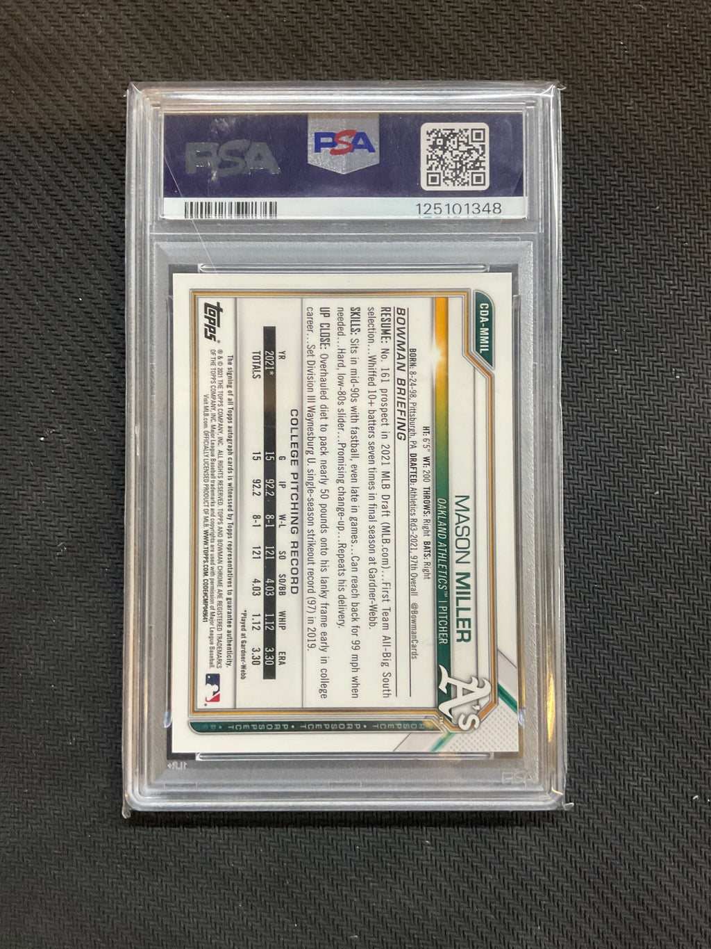 2021 Bowman Mason Miller Rookie Blue Auto /150 1st PSA 9 A's