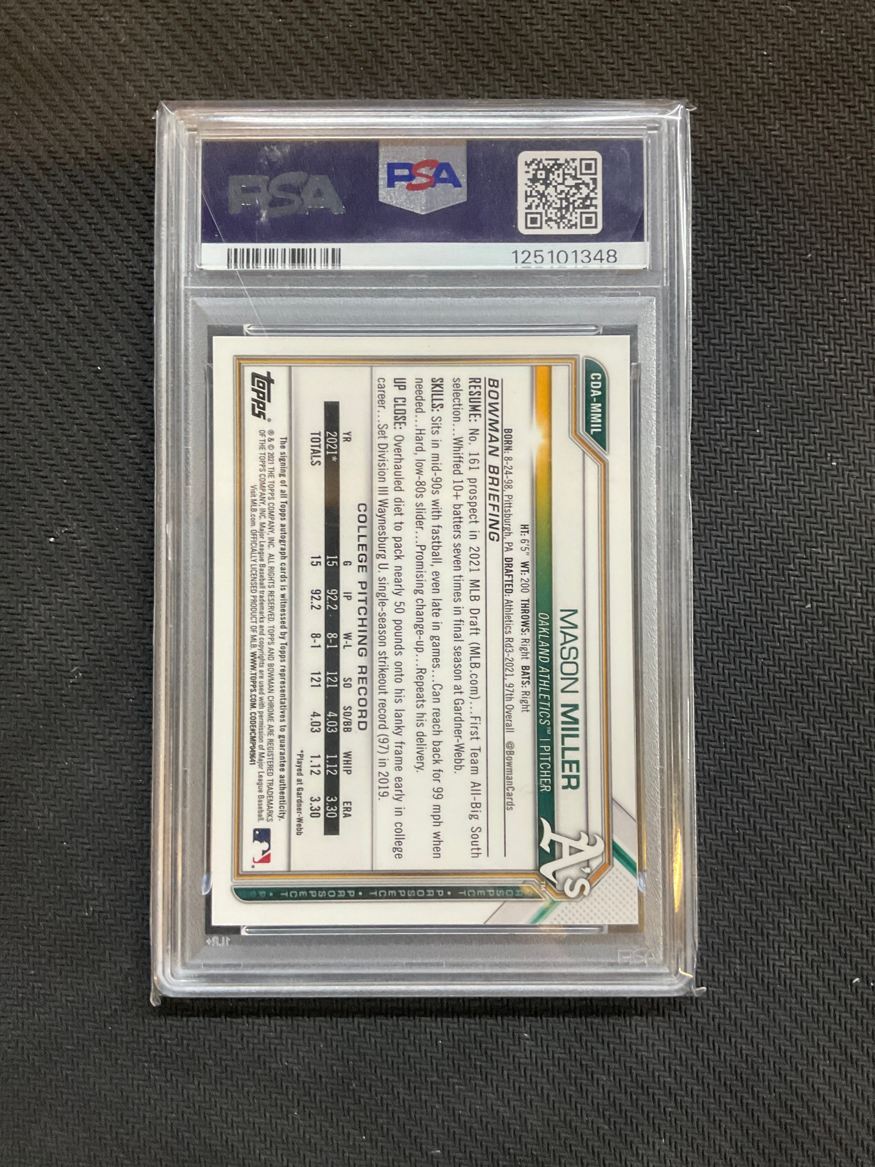 2021 Bowman Mason Miller Rookie Blue Auto /150 1st PSA 9 A's