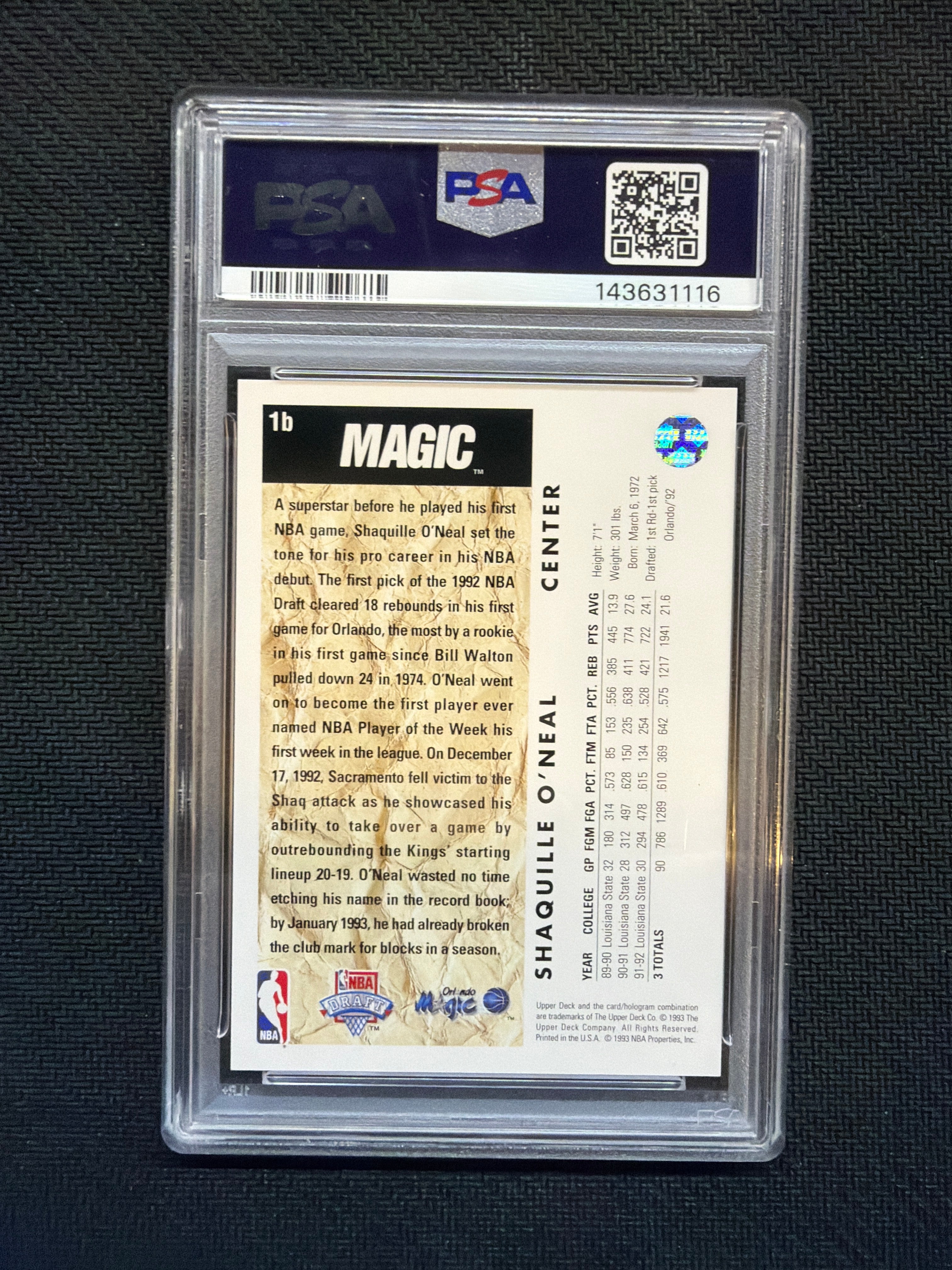 1992 Upper Deck Shaquille O'Neal Trade Card PSA 9 115