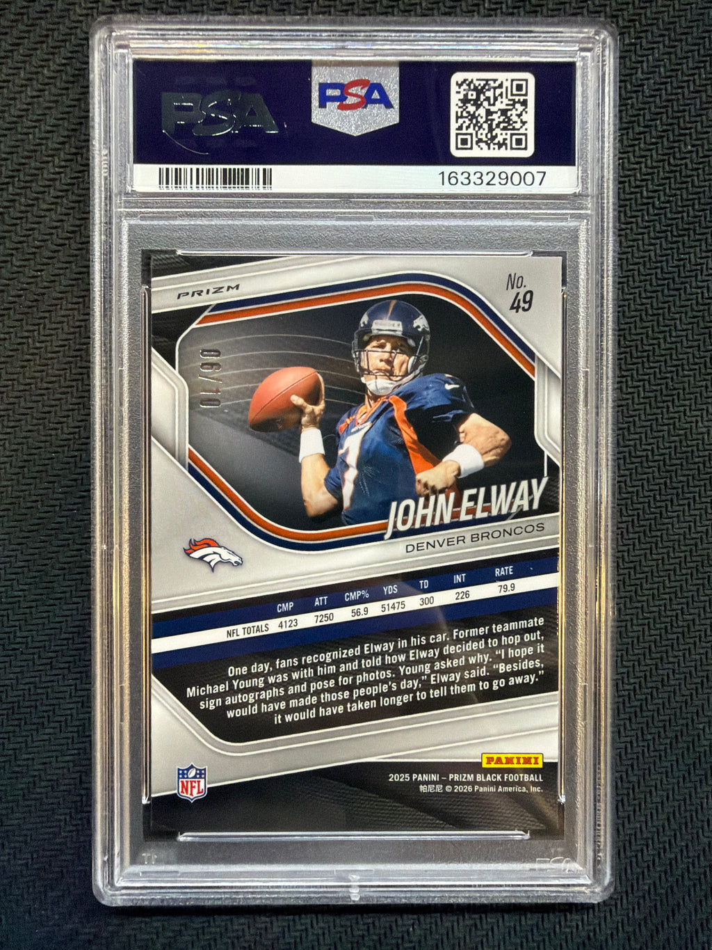 2025 Prizm Black John Elway Gold Prizm /10 #49 PSA 9 Broncos