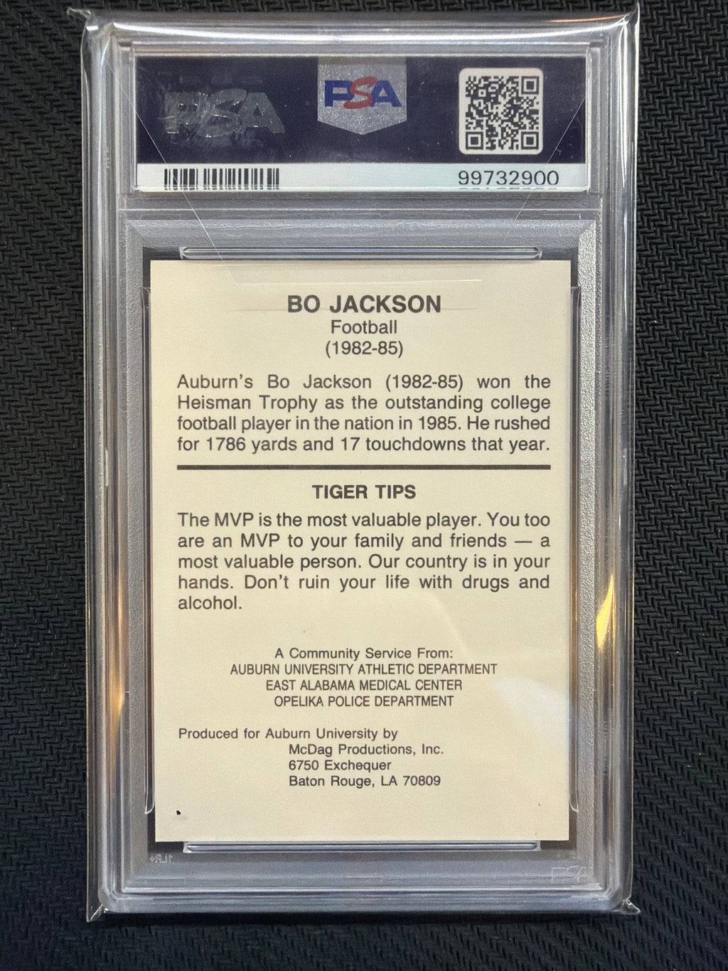 1987 Auburn Tigers Bo Jackson Tiger Great Football PSA 8 Auburn