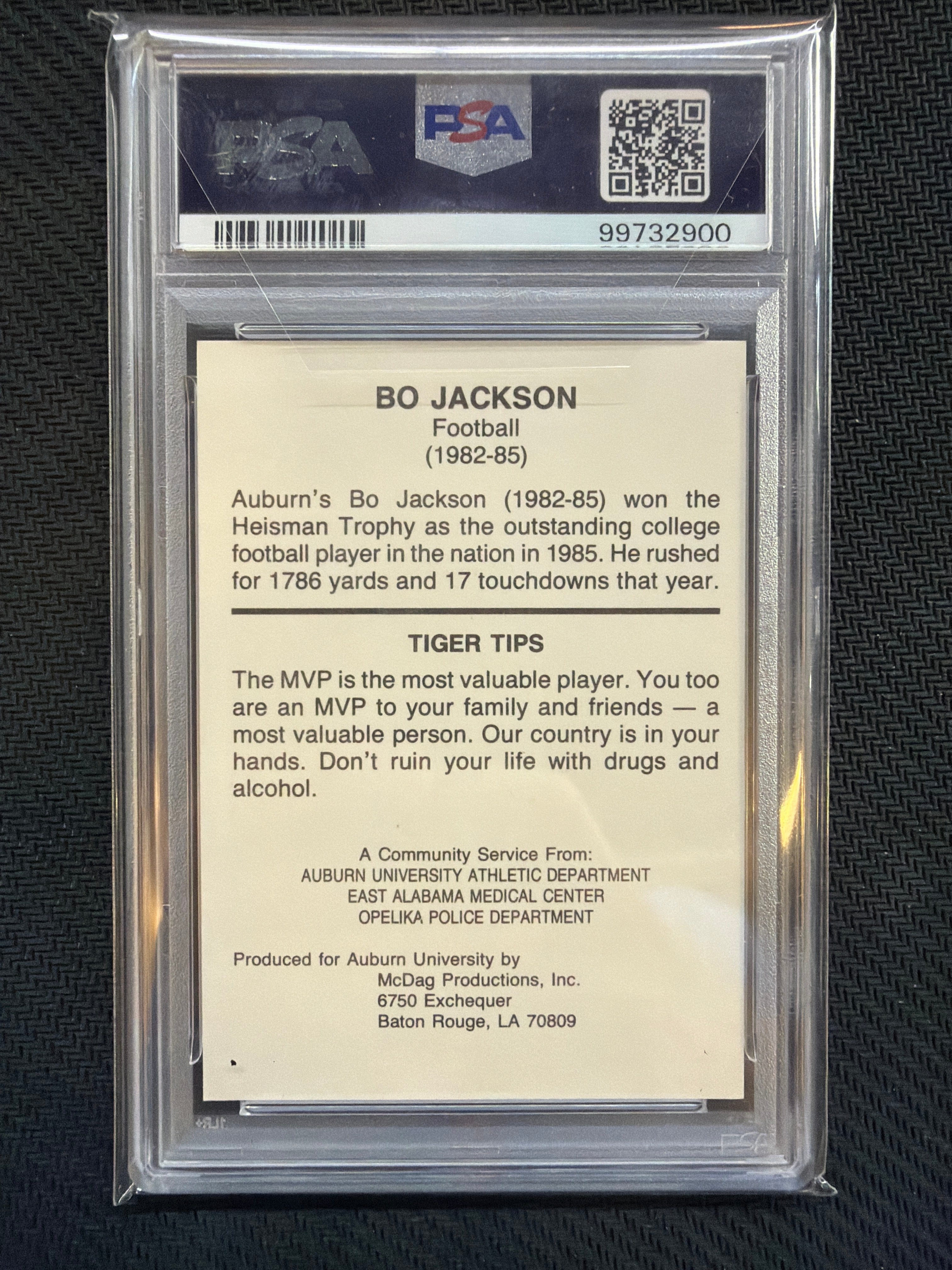 1987 Auburn Tigers Bo Jackson Tiger Great Football PSA 8 Auburn