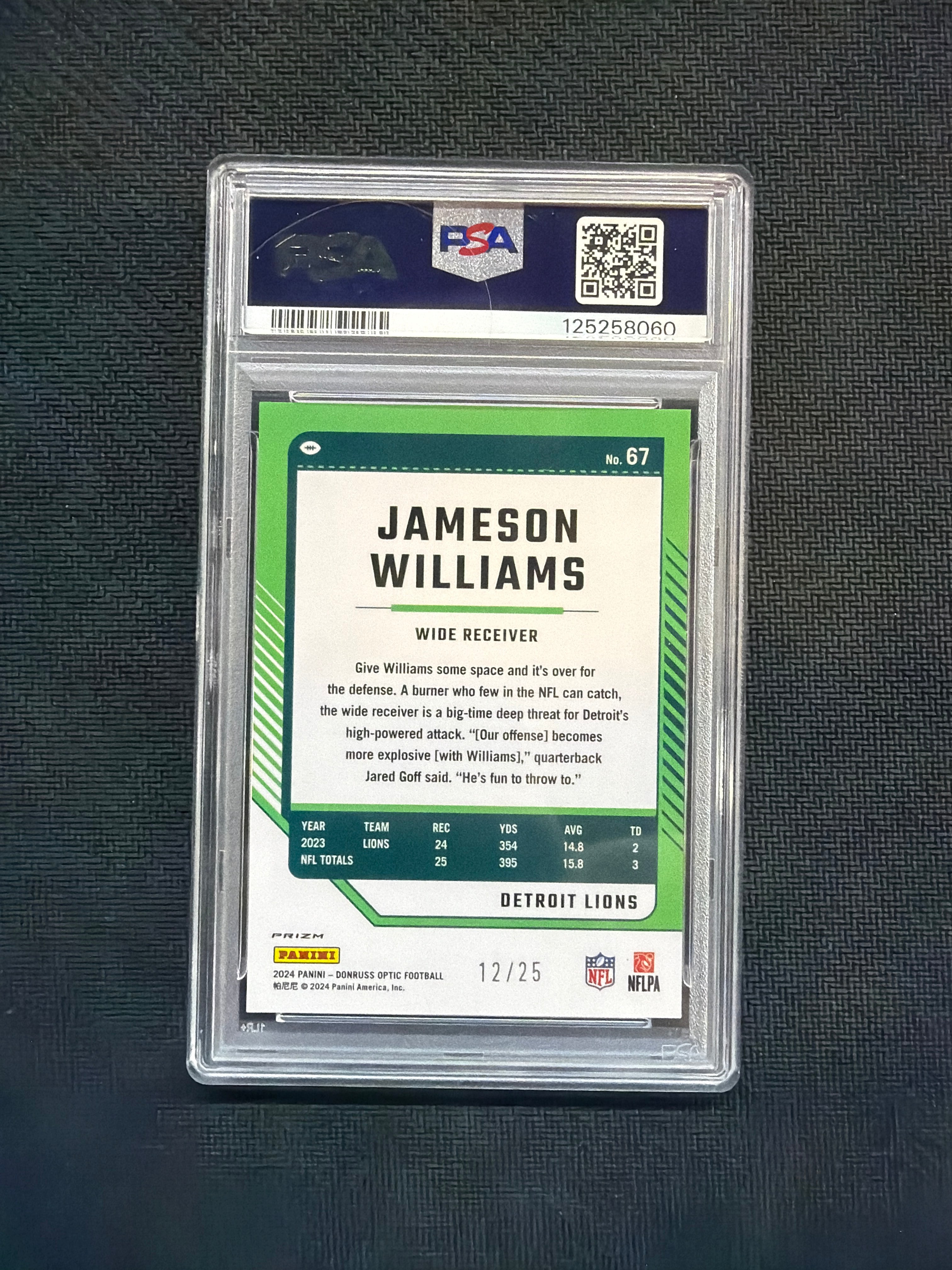 2024 Donruss Optic Jameson Williams Black Pandora /25 PSA 9 Lions
