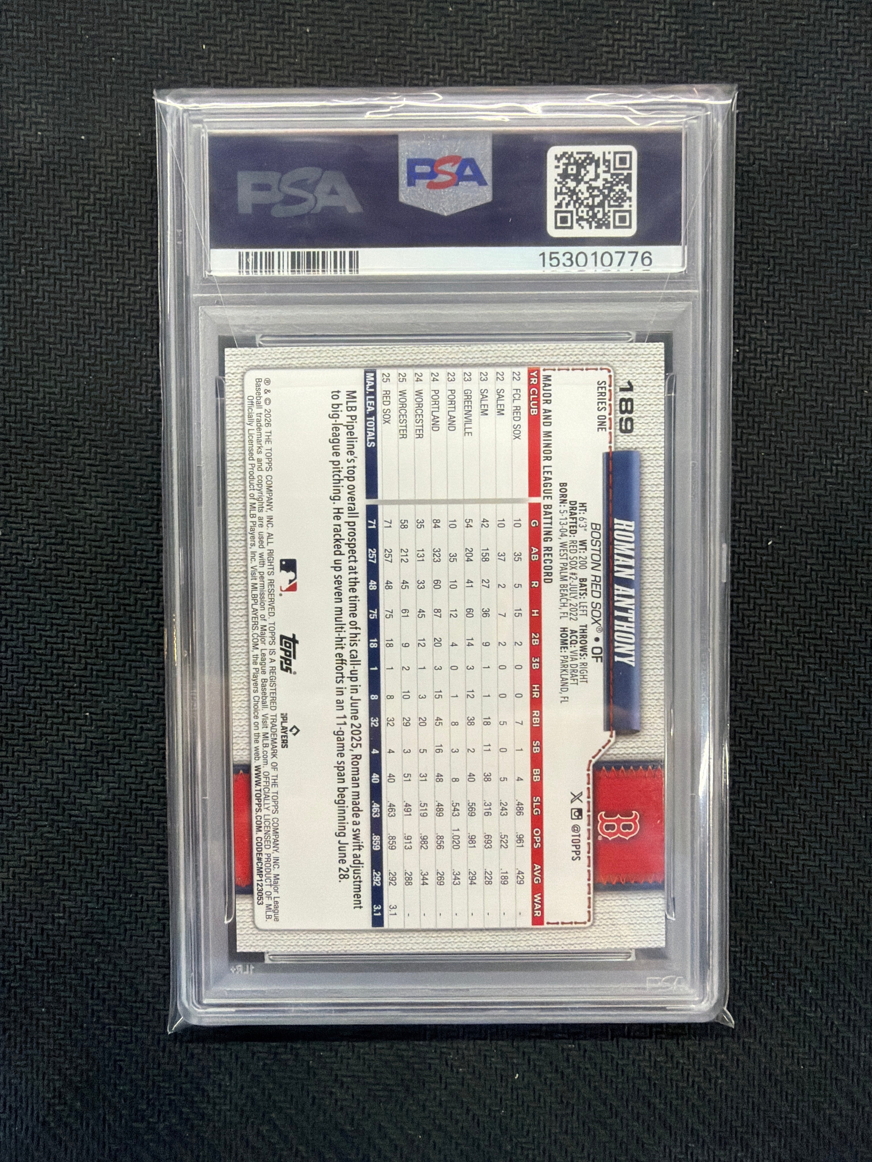 2026 Topps Roman Anthony #189 Rookie PSA 10 Red Sox