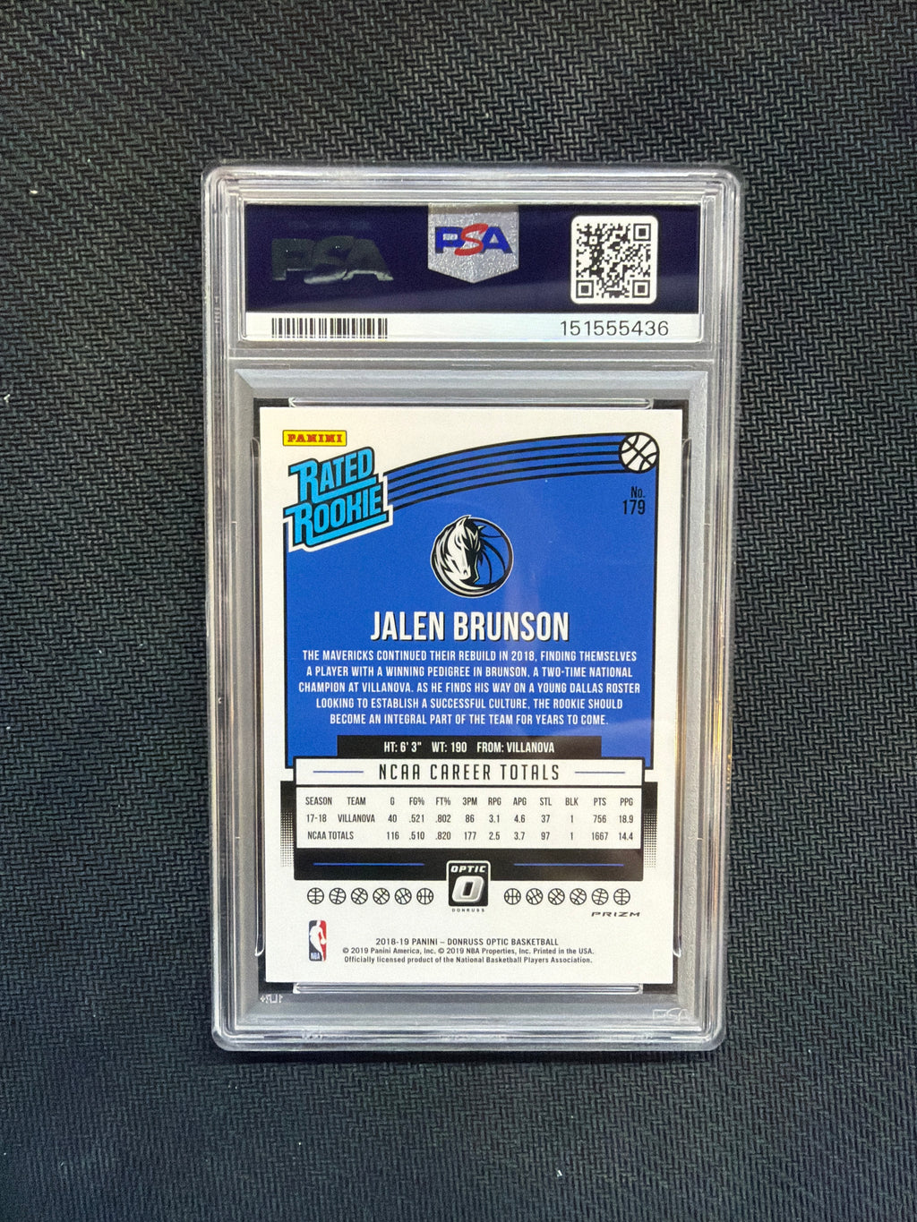 2018 Optic Jalen Brunson Blue Velocity Rookie PSA 10 Knicks
