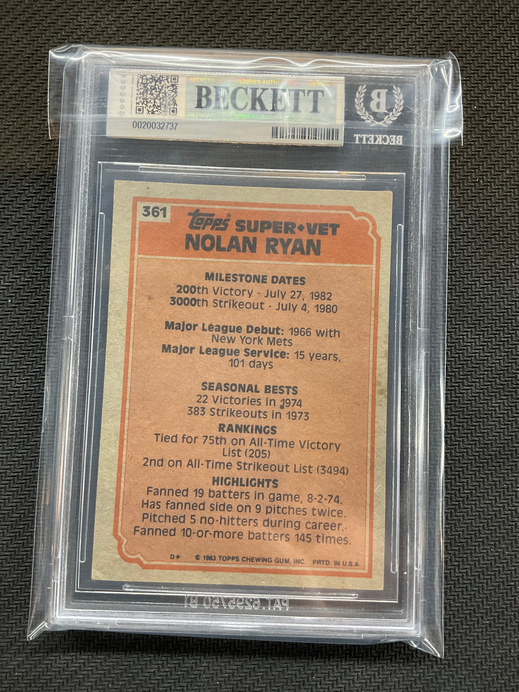 1983 Topps Nolan Ryan Veteran BGS 7.5 Astros