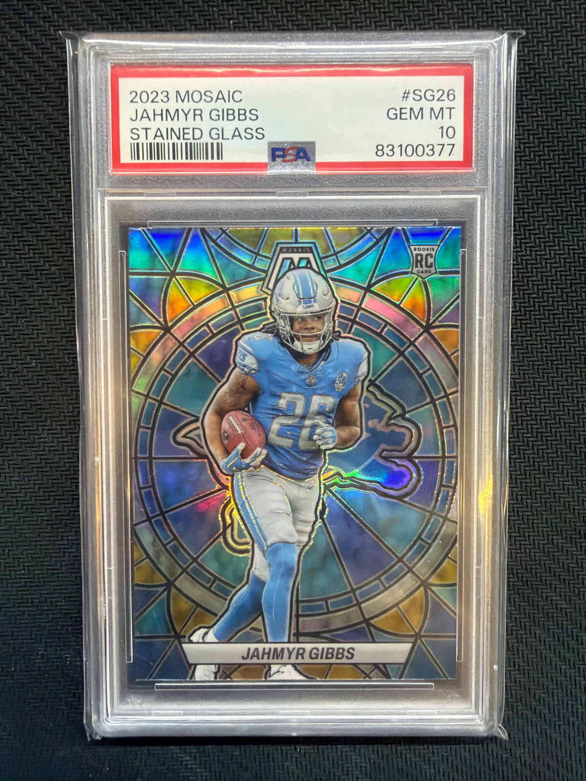2023 Mosaic Jahmyr Gibbs Stained Glass #SG26 PSA 10 Lions