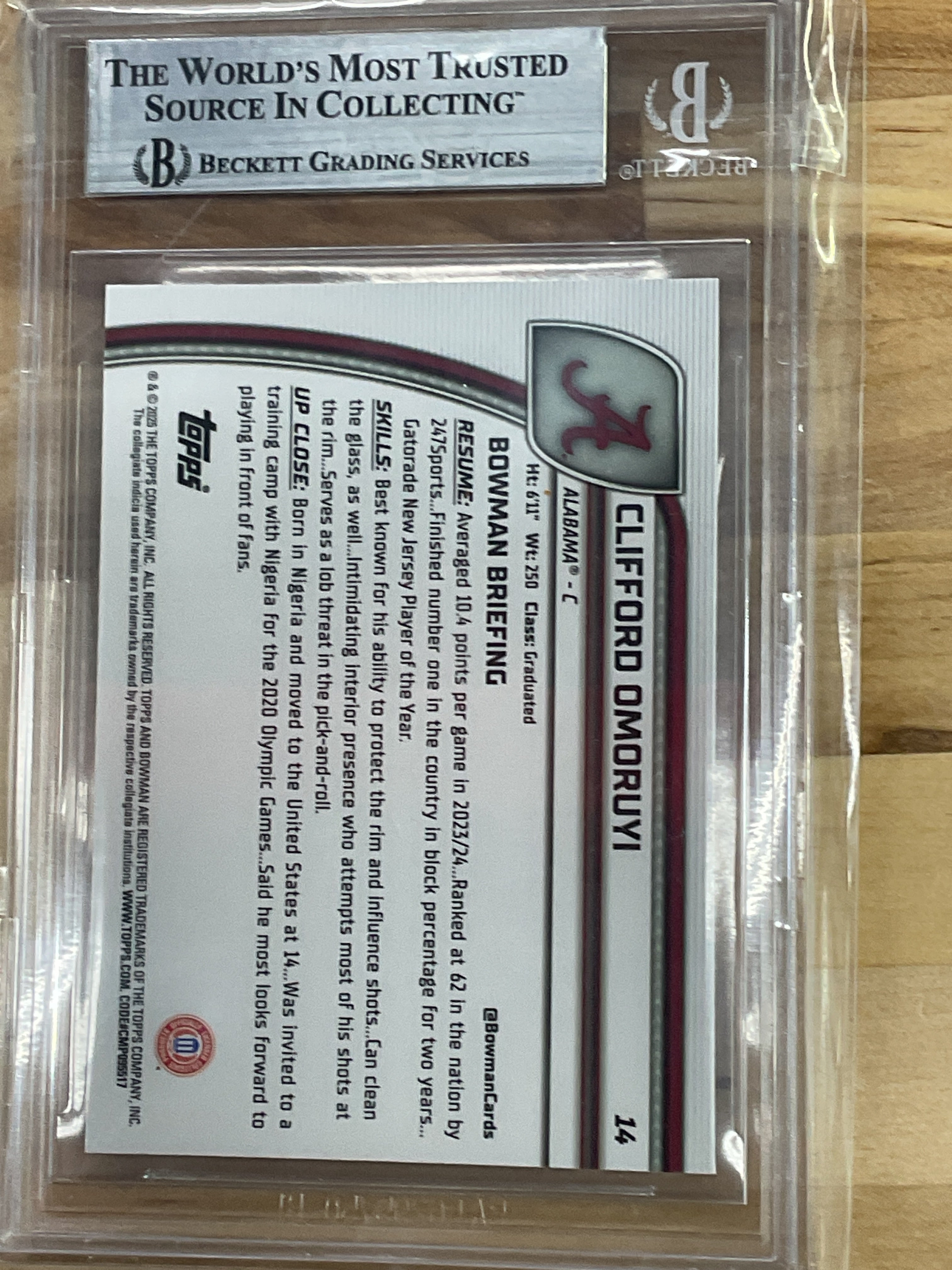 2024-25 Bowman U Chrome Clifford Omoruyi Rookie BGS 9 Alabama