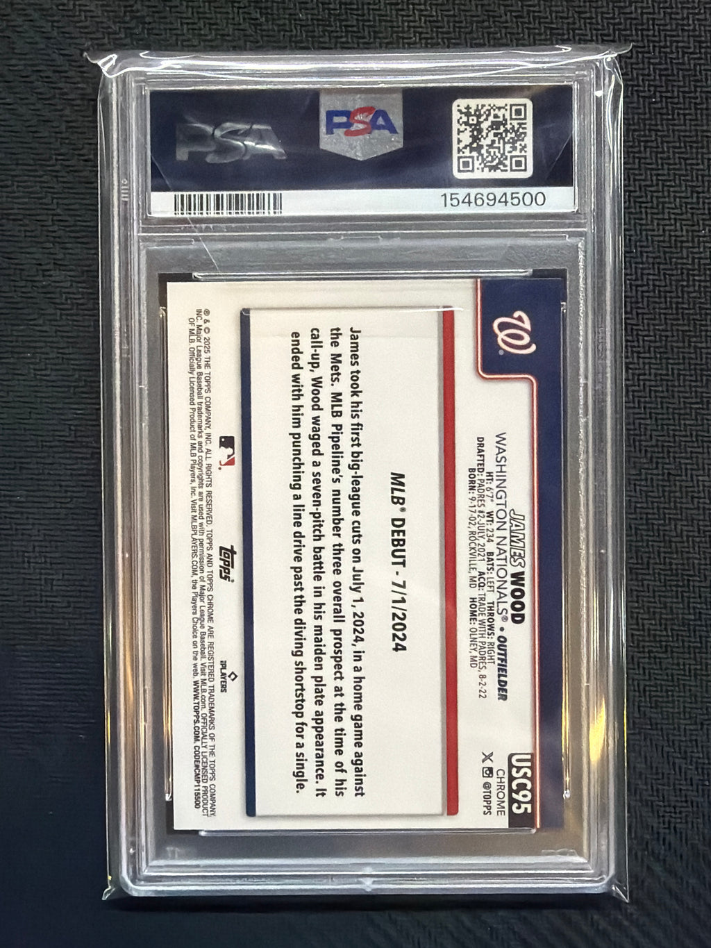 2025 Topps Chrome Update James Wood Rookie Purple /250 PSA 9 500