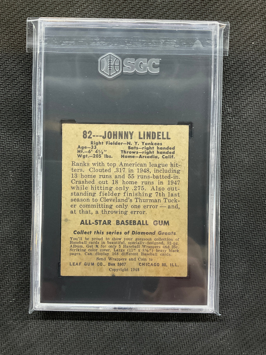 1948-49 Leaf Gum Co. Johnny Lindell #82 SGC 4.5