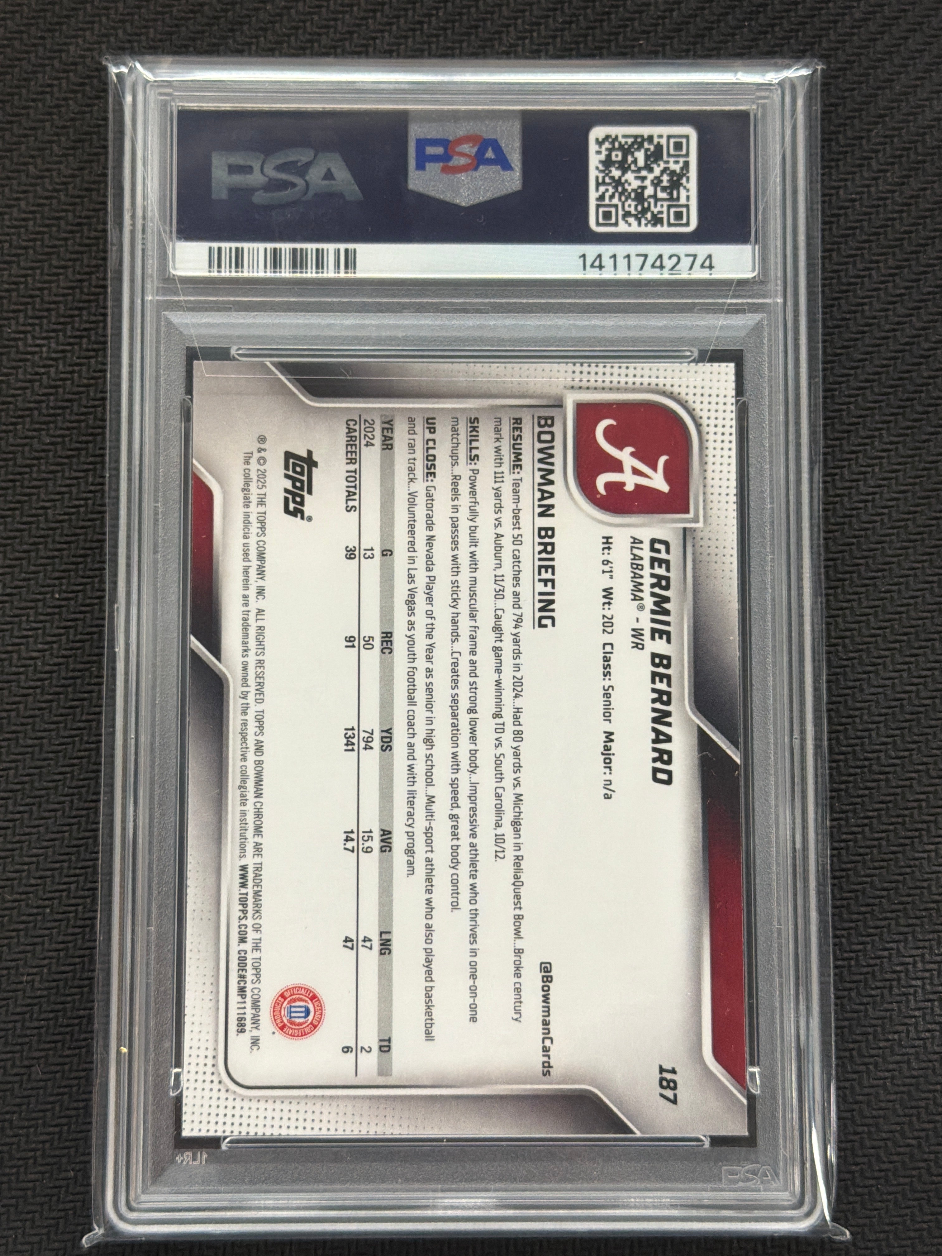 2025 Bowman U Chrome Germie Bernard Yellow Mini Diamond /350 PSA 10 274 Alabama