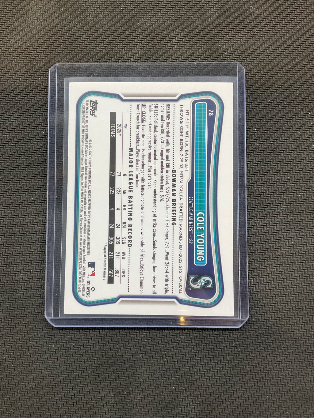 2026 Bowman Cole young Rookie Orange Paper /25 Mariners