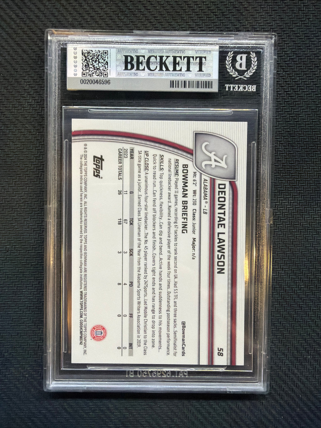 2024 Bowman Chrome U Deontae Lawson Purple /399 BGS 9 Alabama