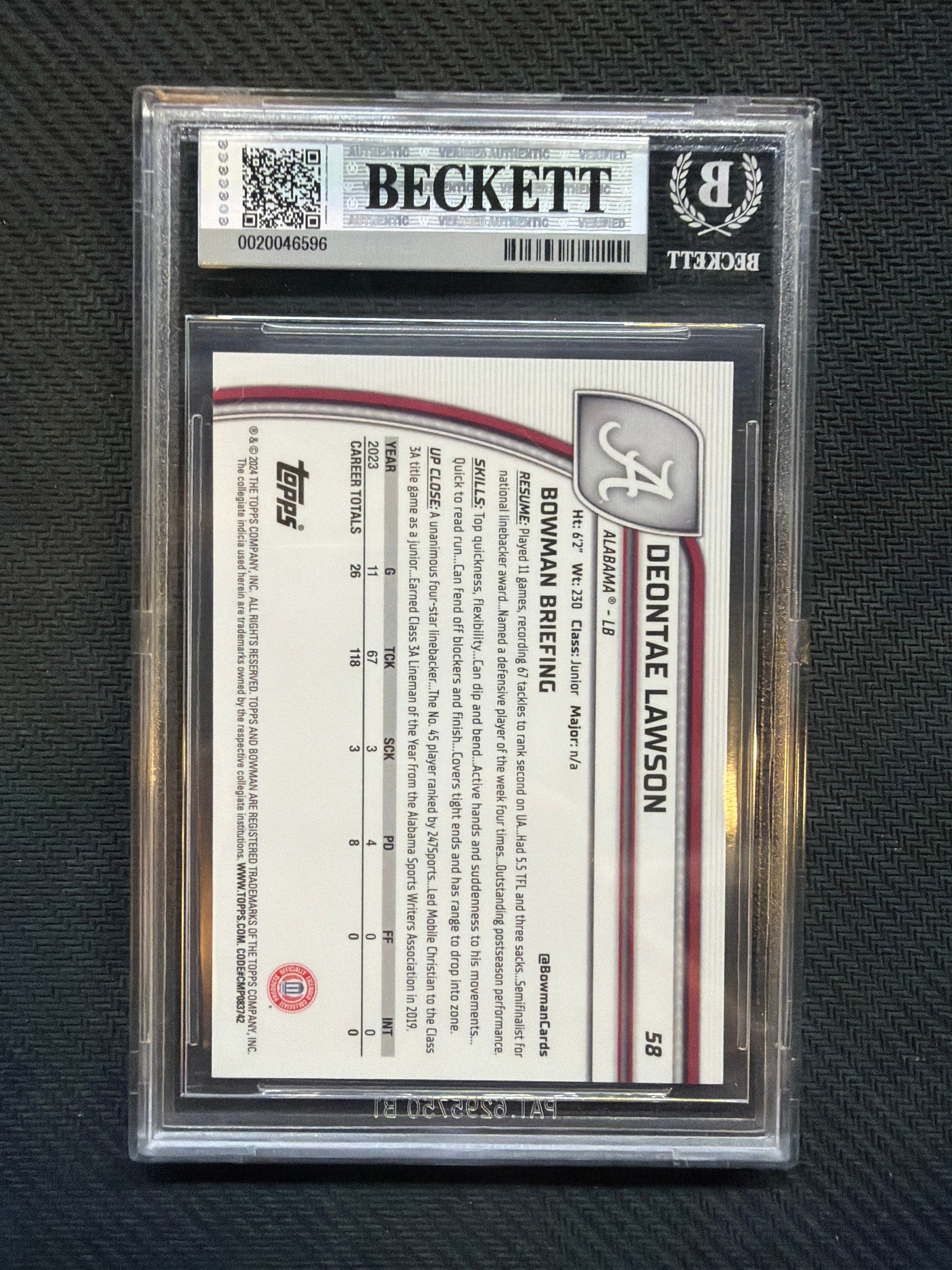 2024 Bowman Chrome U Deontae Lawson Purple /399 BGS 9 Alabama
