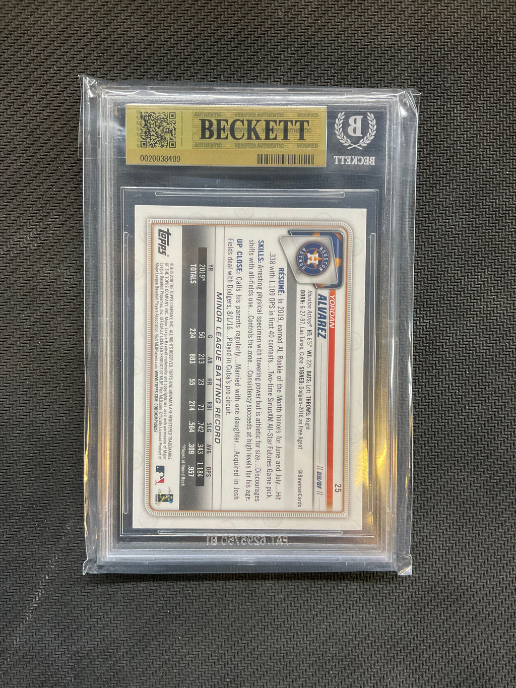2020 Bowman Yordan Alvarez Rookie Paper BGS 9.5 Astros