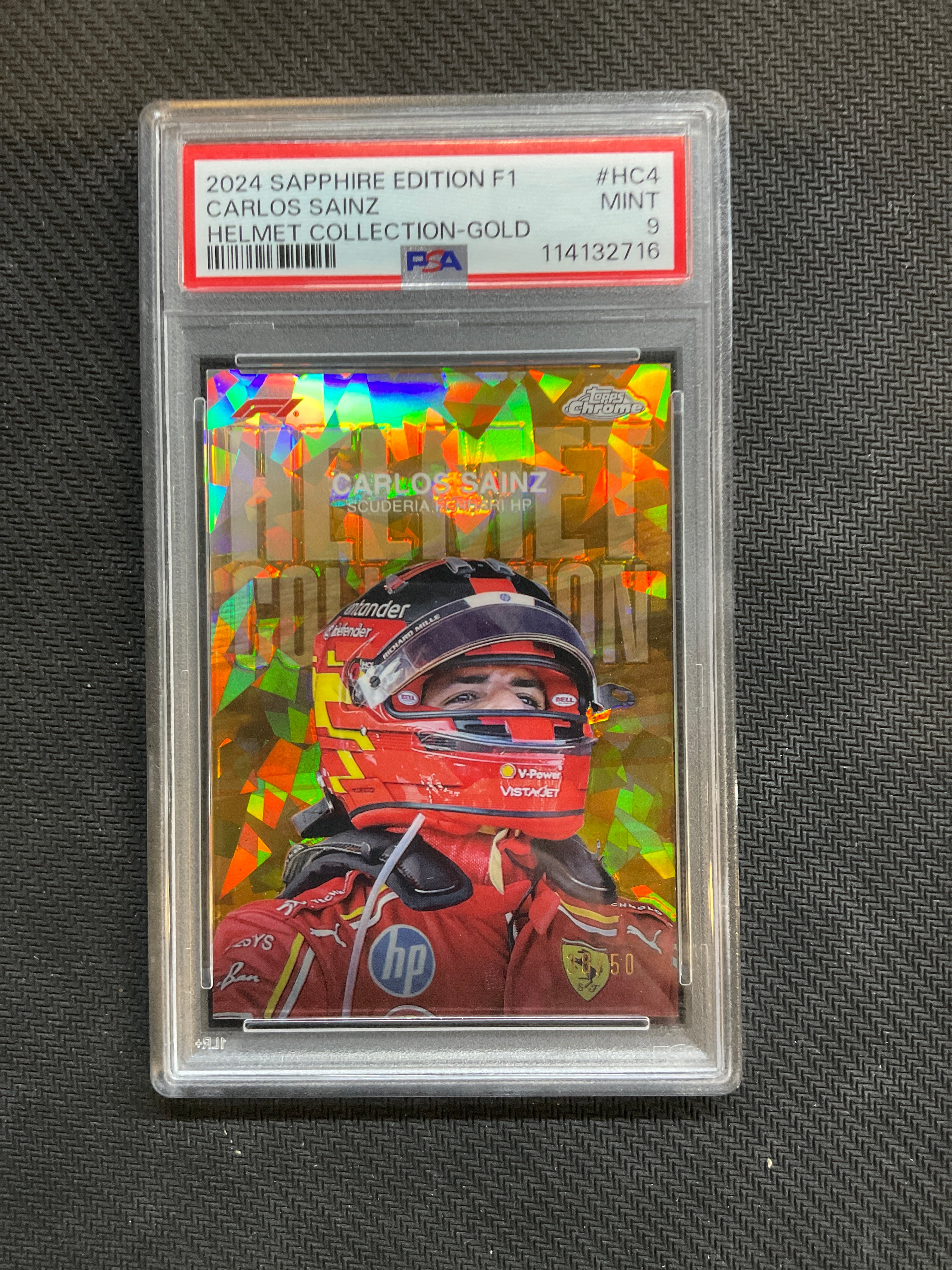 2024 Topps Chrome F1 Sapphire Carlos Sainz Gold /50 PSA 9 Helmet Ferrari