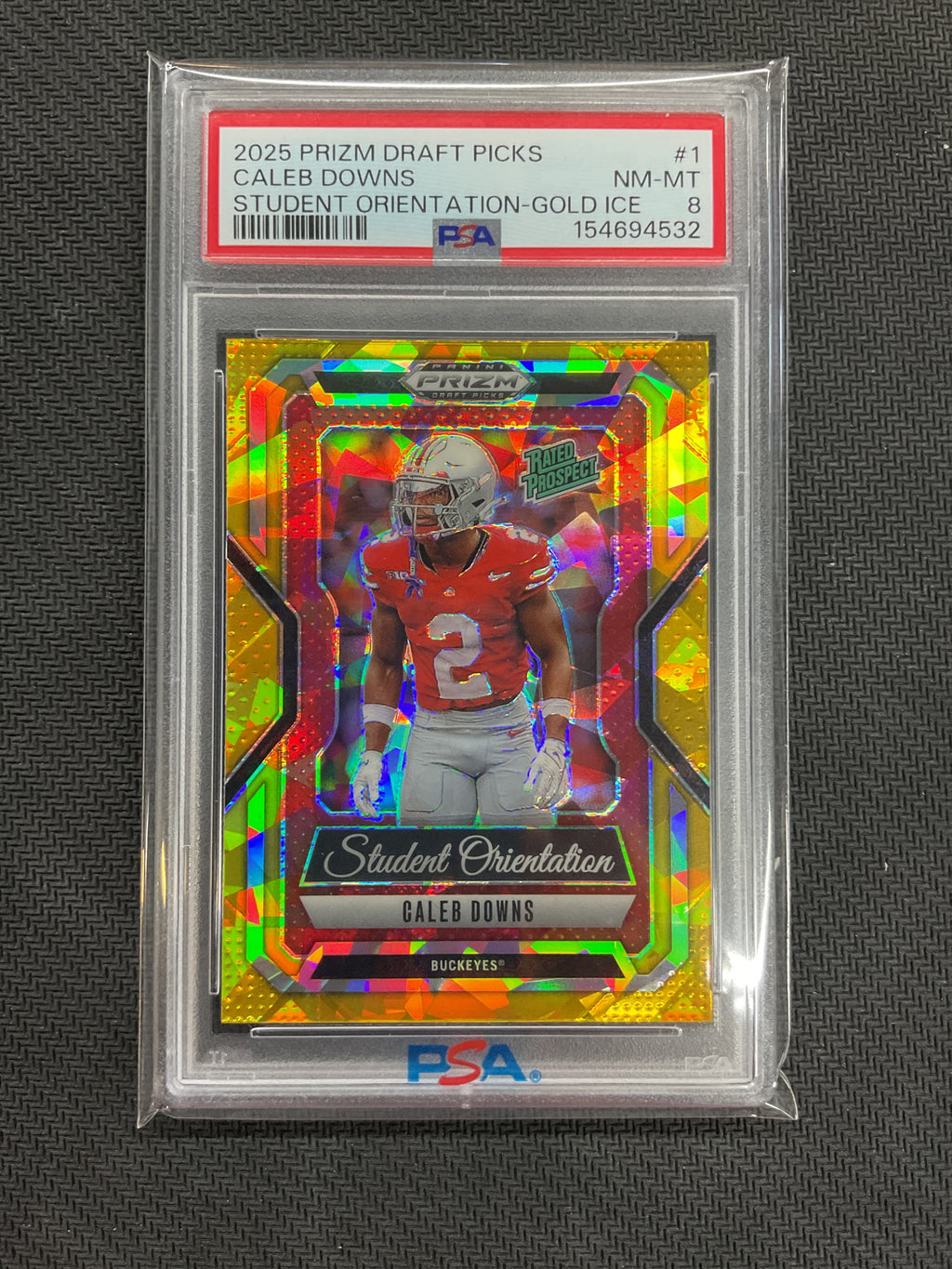 2025 Prizm Draft Picks Caleb Downs Gold Ice Student Orientation PSA 8 Ohio State 532