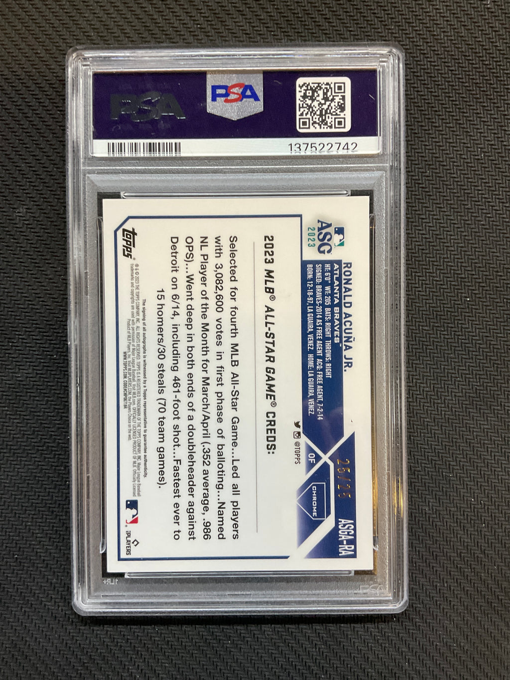 2023 Topps Chrome Update Ronald Acuna Jr. Orange Auto /25 PSA 8 Braves