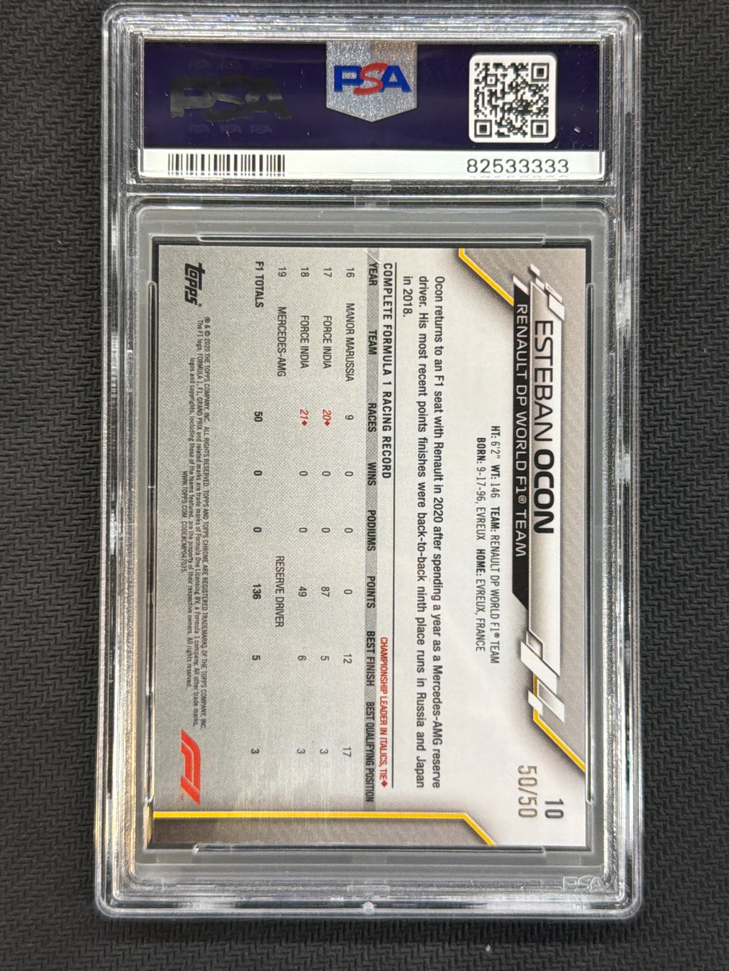 2020 Topps Chrome F1 Sapphire  Esteban Ocon Gold /50 Image Variation PSA 8  333