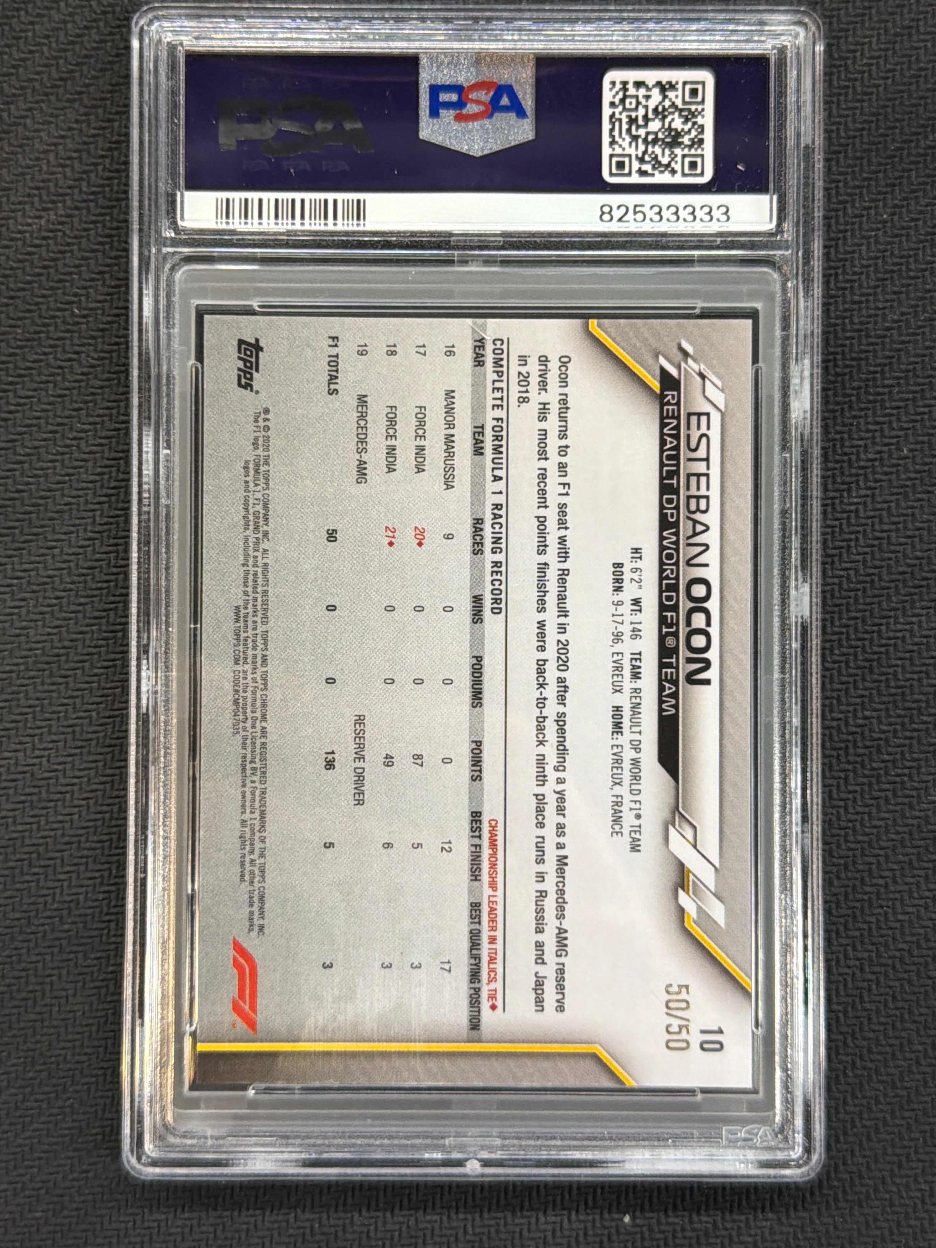 2020 Topps Chrome F1 Sapphire  Esteban Ocon Gold /50 Image Variation PSA 8  333