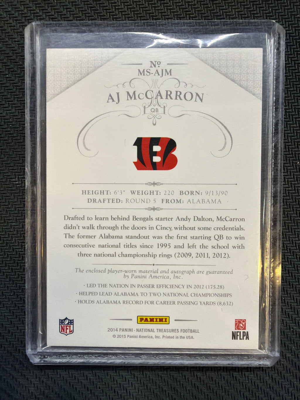 2014 Panini National Treasures AJ McCarron Rookie Patch Auto /15 Bengals