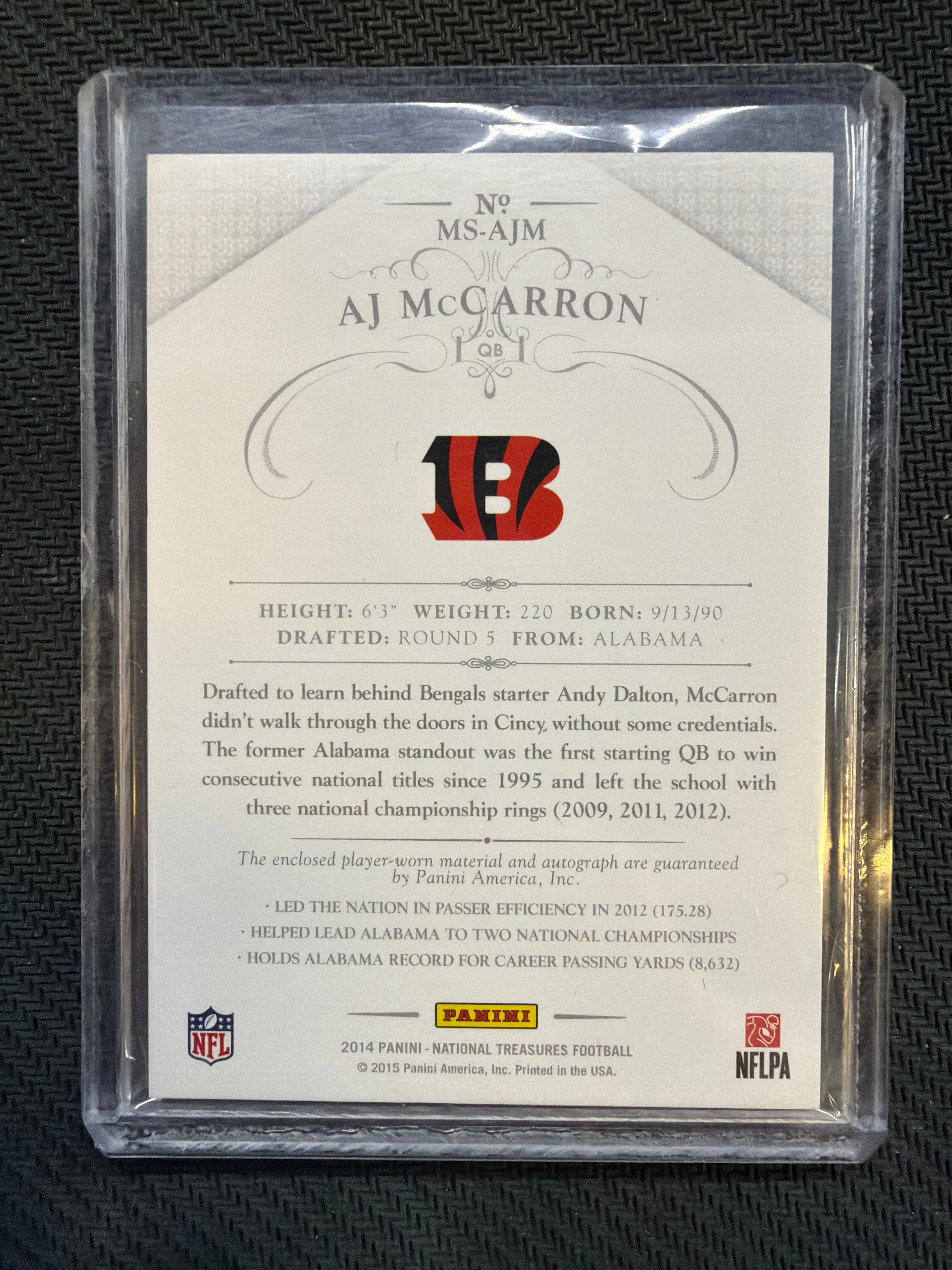 2014 Panini National Treasures AJ McCarron Rookie Patch Auto /15 Bengals