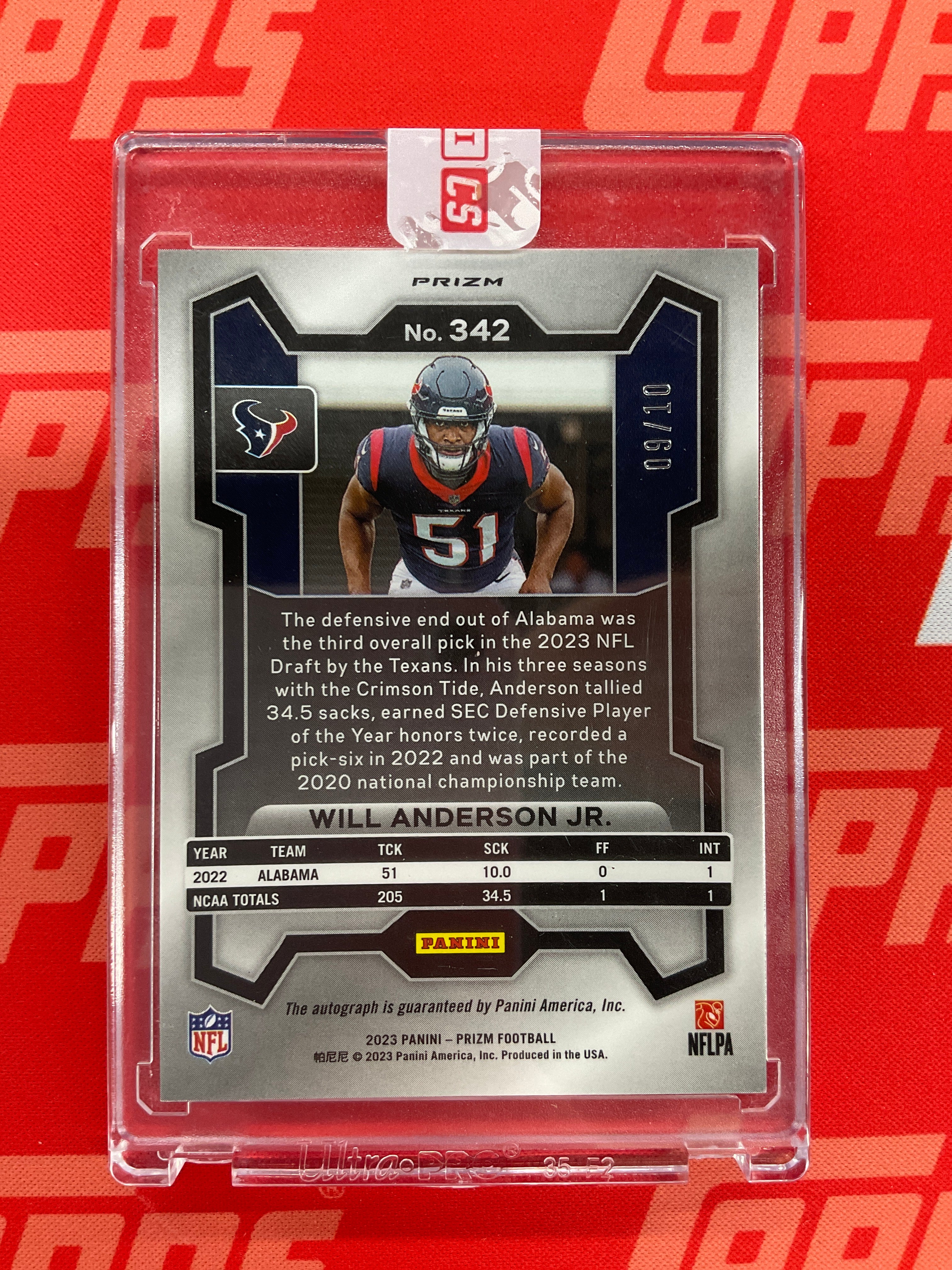 2023 Prizm Will Anderson Jr. Rookie Auto Gold /10 Texans Alabama