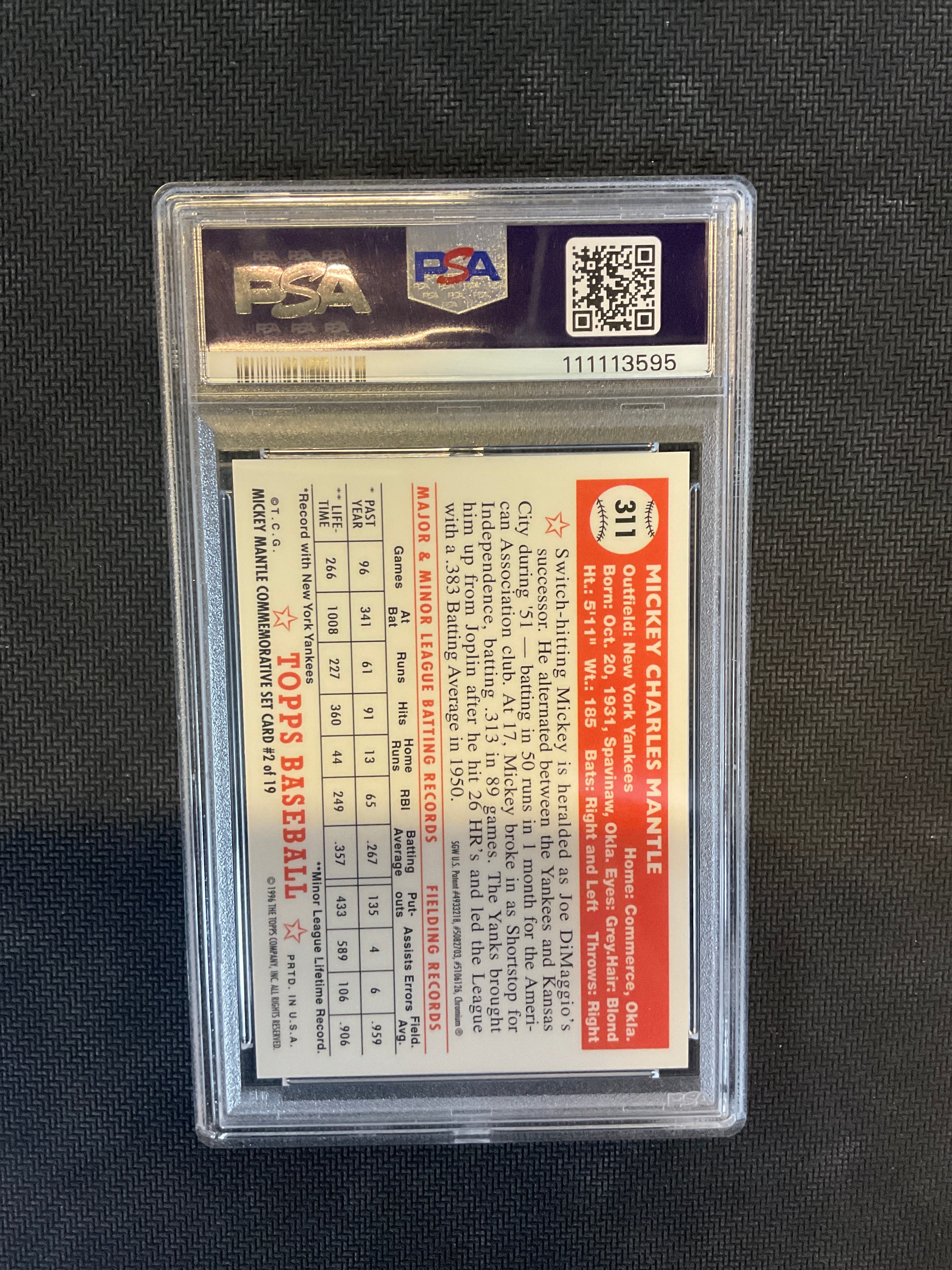 1996 Topps Mickey Mantle Reprint Commemorative #2 PSA 8 595