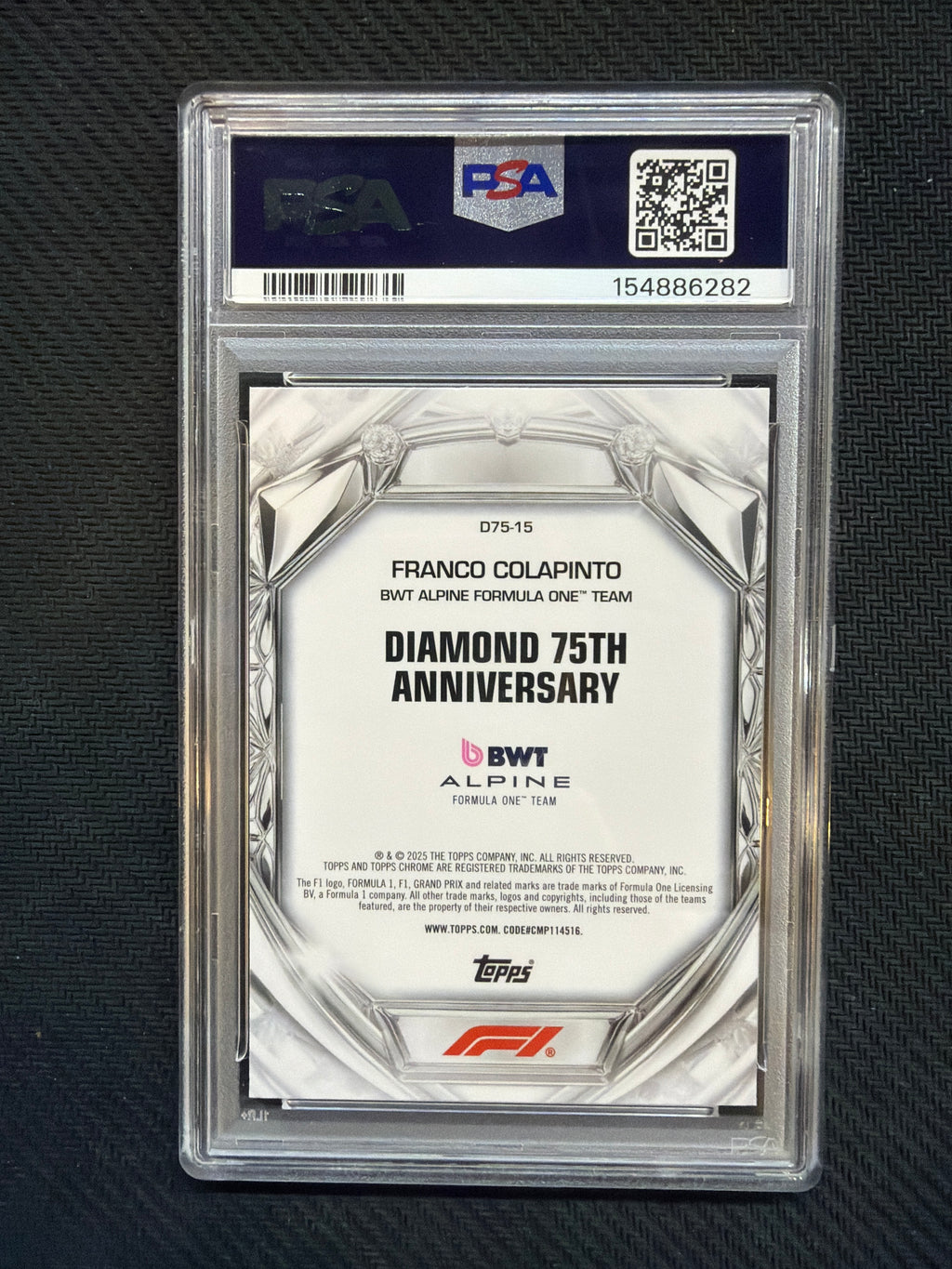 2025 Topps Chrome F1 Franco Colapinto Diamond 75th Anniversary PSA 10