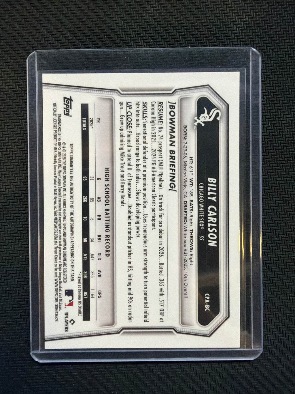2026 Bowman Chrome Billy Carlson True Blue Auto /150