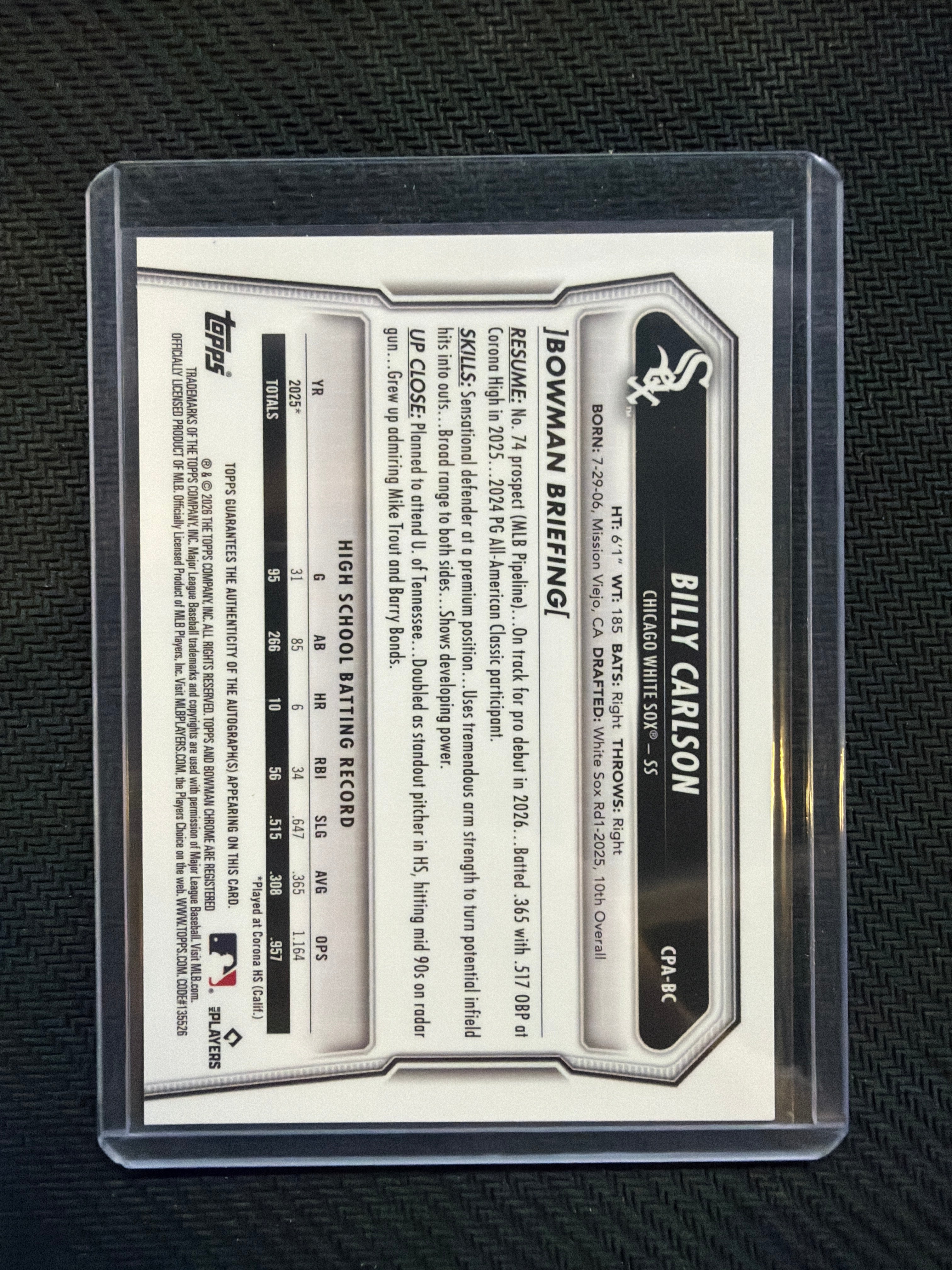 2026 Bowman Chrome Billy Carlson True Blue Auto /150