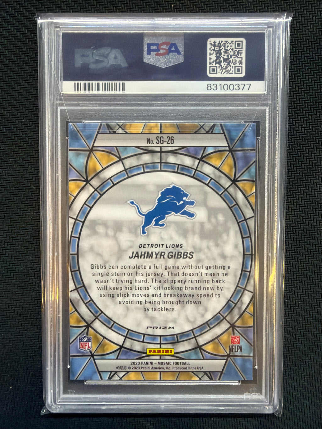 2023 Mosaic Jahmyr Gibbs Stained Glass #SG26 PSA 10 Lions