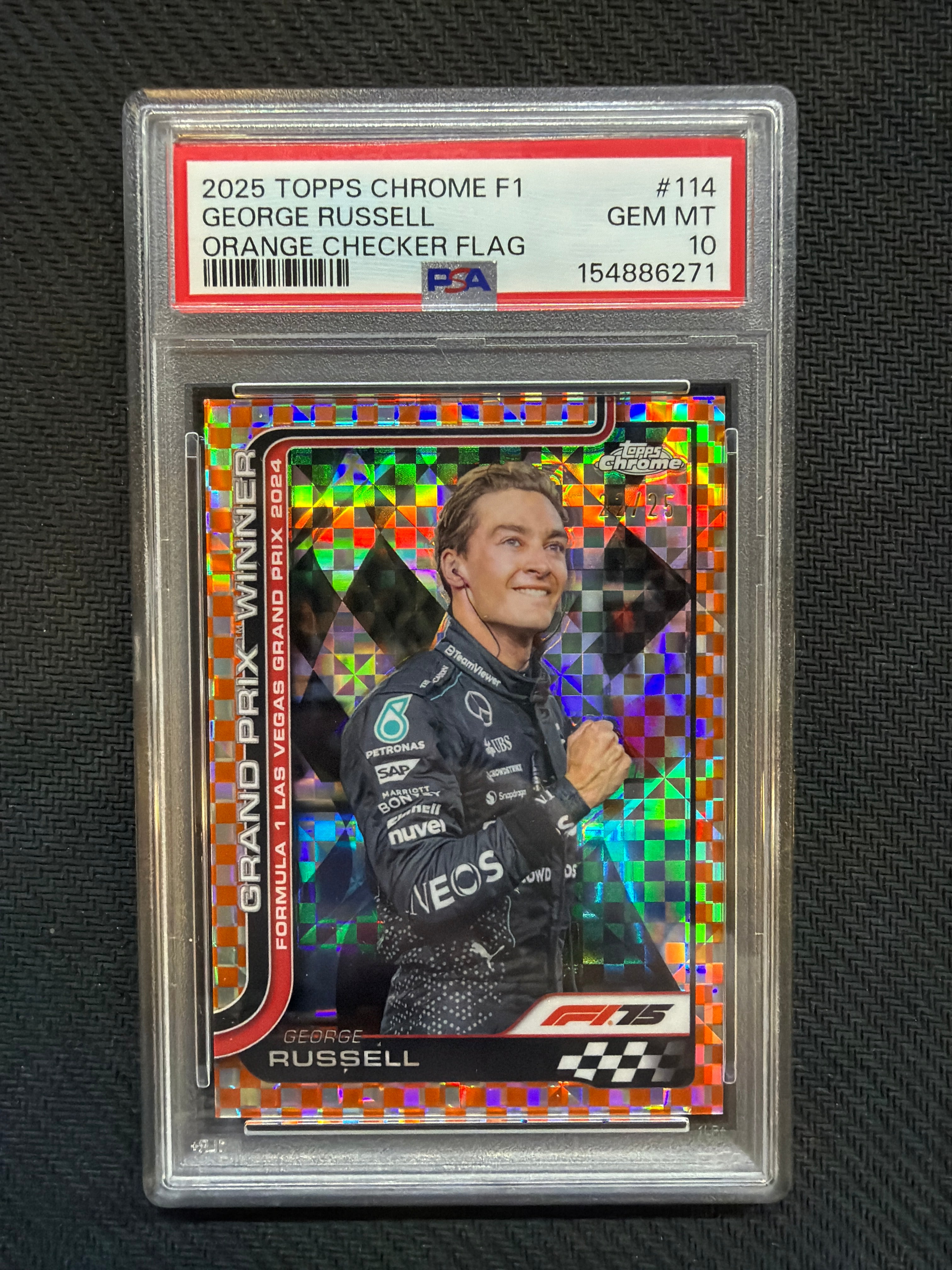 2025 Topps Chrome F1 George Russell Orange Checker Flag /25 PSA 10