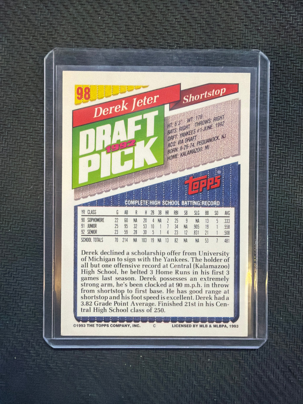 1993 Topps Derek Jeter 1992 Draft Pick Rookie Yankees