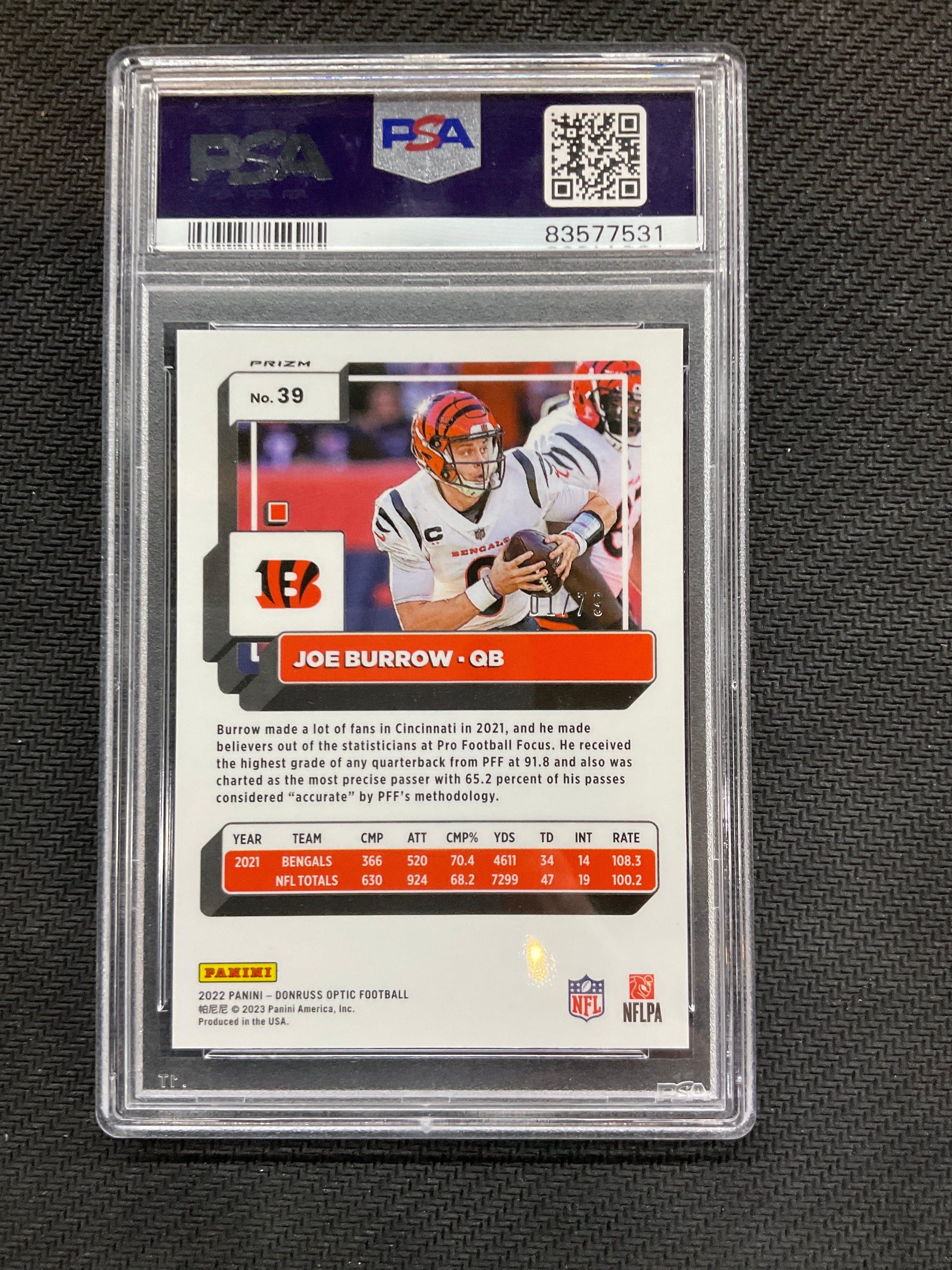 2022 Donruss Optic Joe Burrow Pink Velocity /79 PSA 10 531