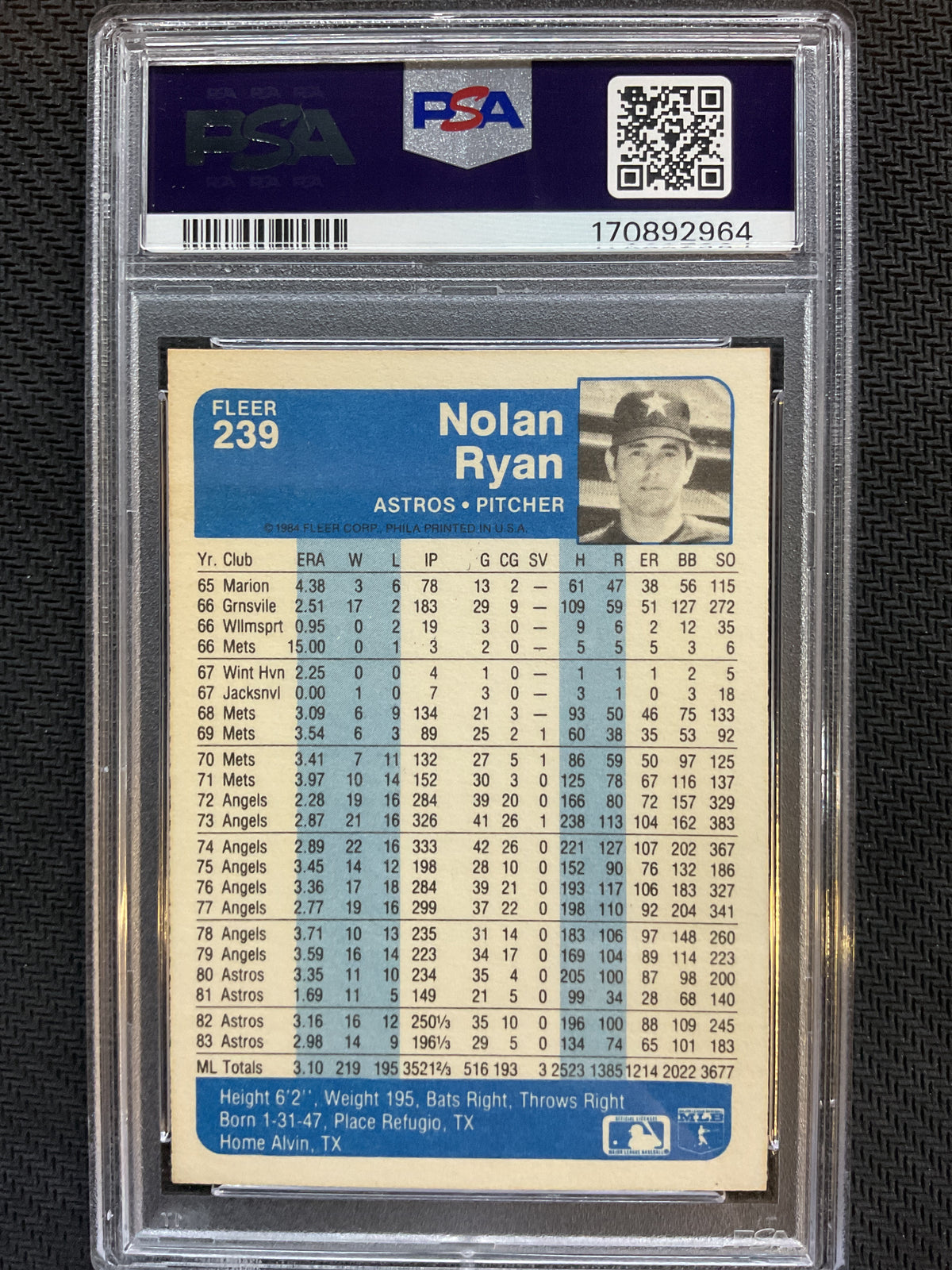 1984 Fleer #239 Nolan Ryan PSA 9
