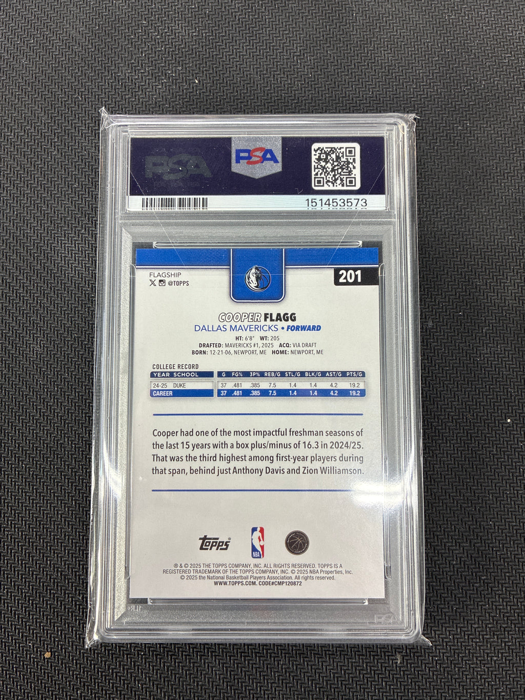 2025 Topps NBA Cooper Flagg Rookie PSA 10 Mavericks